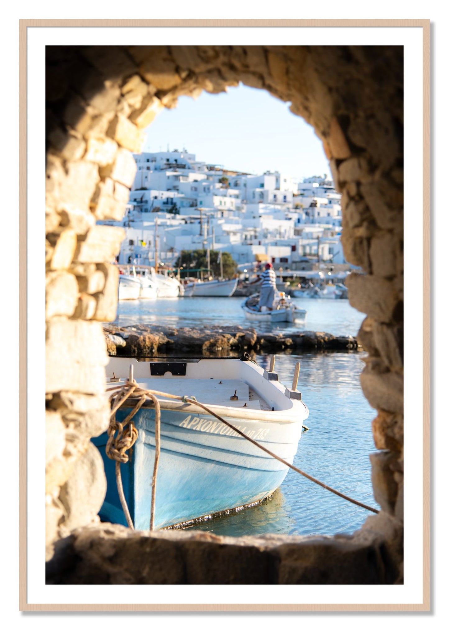 Framed photograph of Paros Greece by Dylan Ozanich, Maple frame, Borders