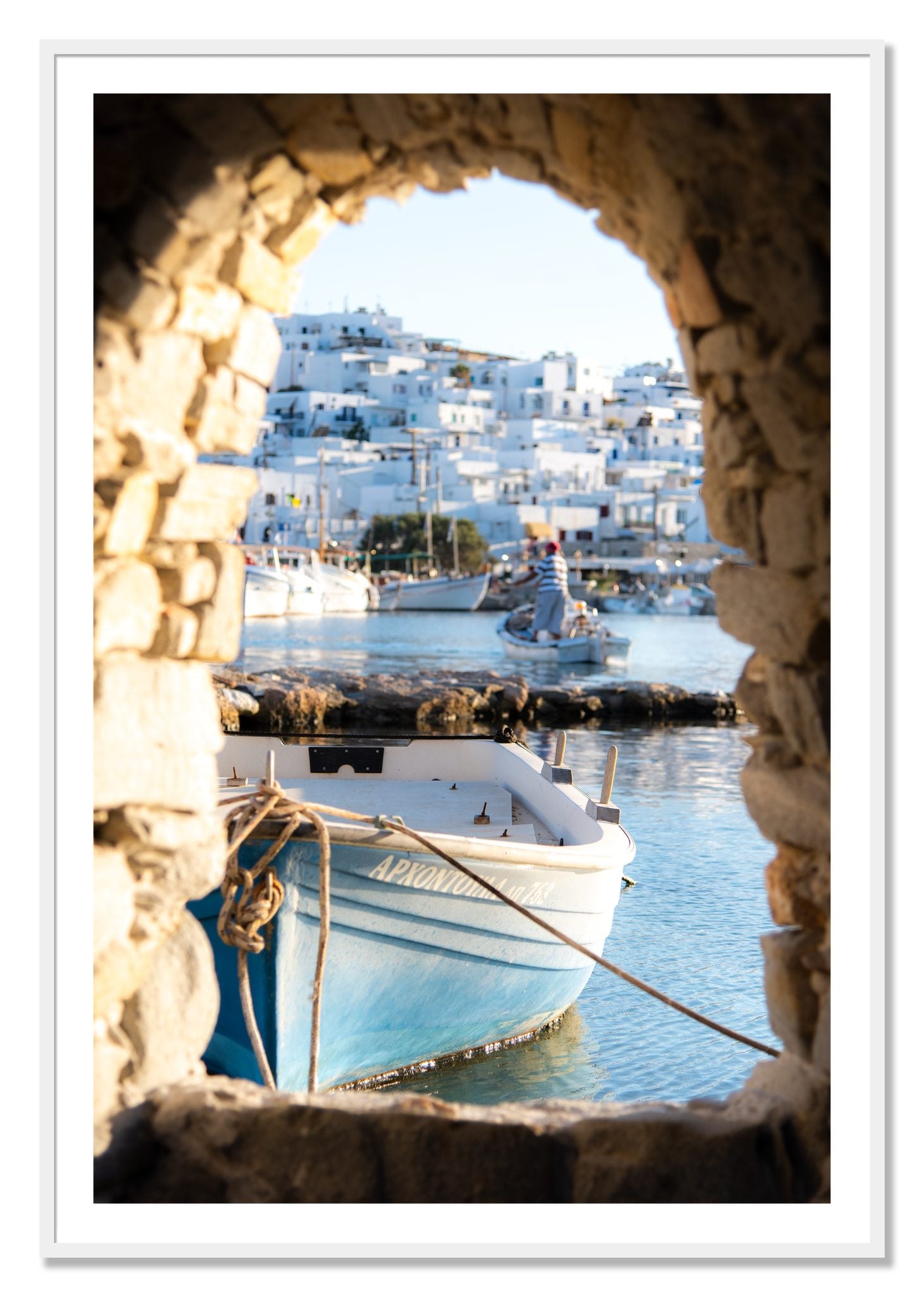 Framed photograph of Paros Greece by Dylan Ozanich, White frame, Borders