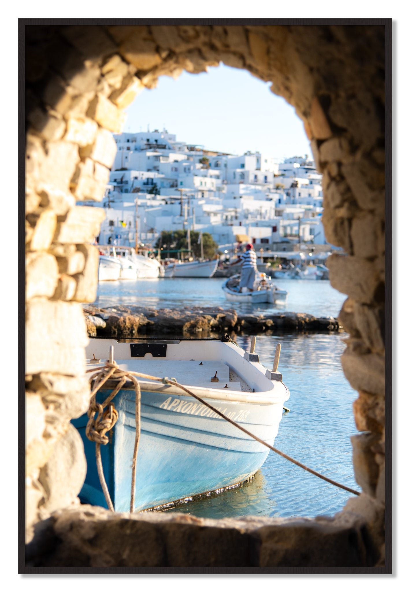 Framed photograph of Paros Greece by Dylan Ozanich, Black Walnut frame, Full Bleed