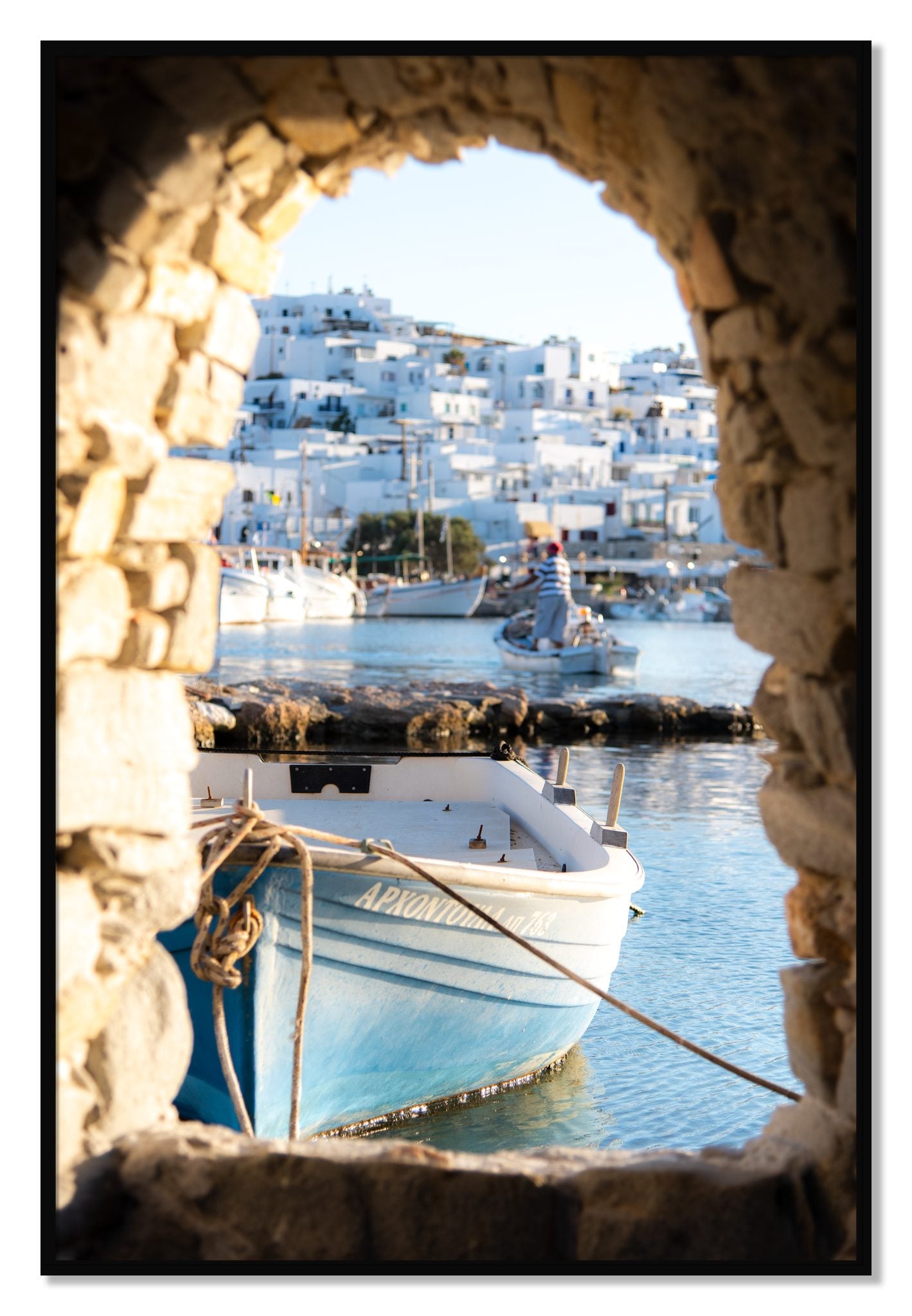 Framed photograph of Paros Greece by Dylan Ozanich, Black frame, Full Bleed