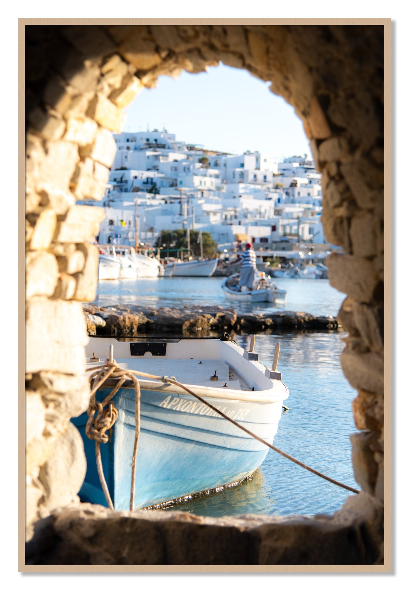 Framed photograph of Paros Greece by Dylan Ozanich, Oak frame, Full Bleed