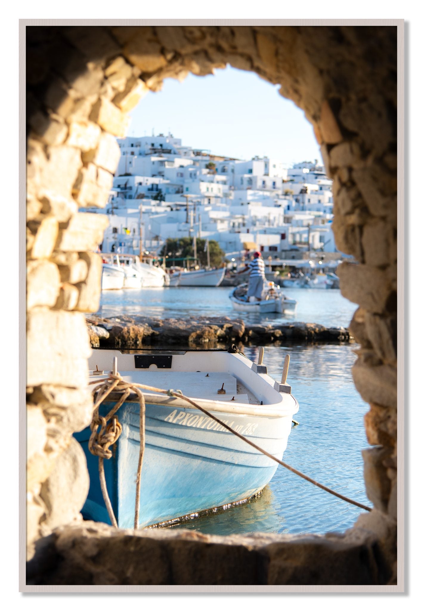 Framed photograph of Paros Greece by Dylan Ozanich, White Maple frame, Full Bleed