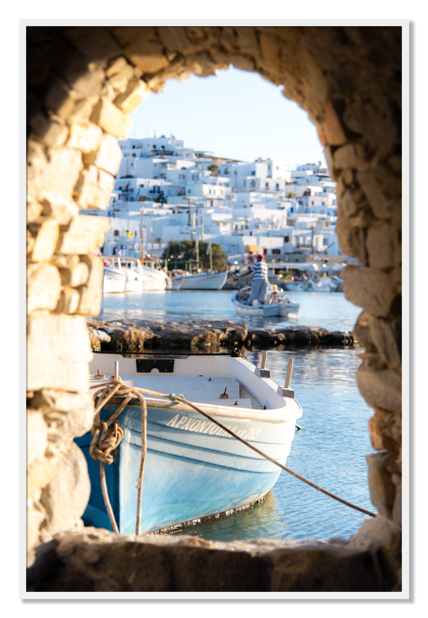 Framed photograph of Paros Greece by Dylan Ozanich, White frame, Full Bleed