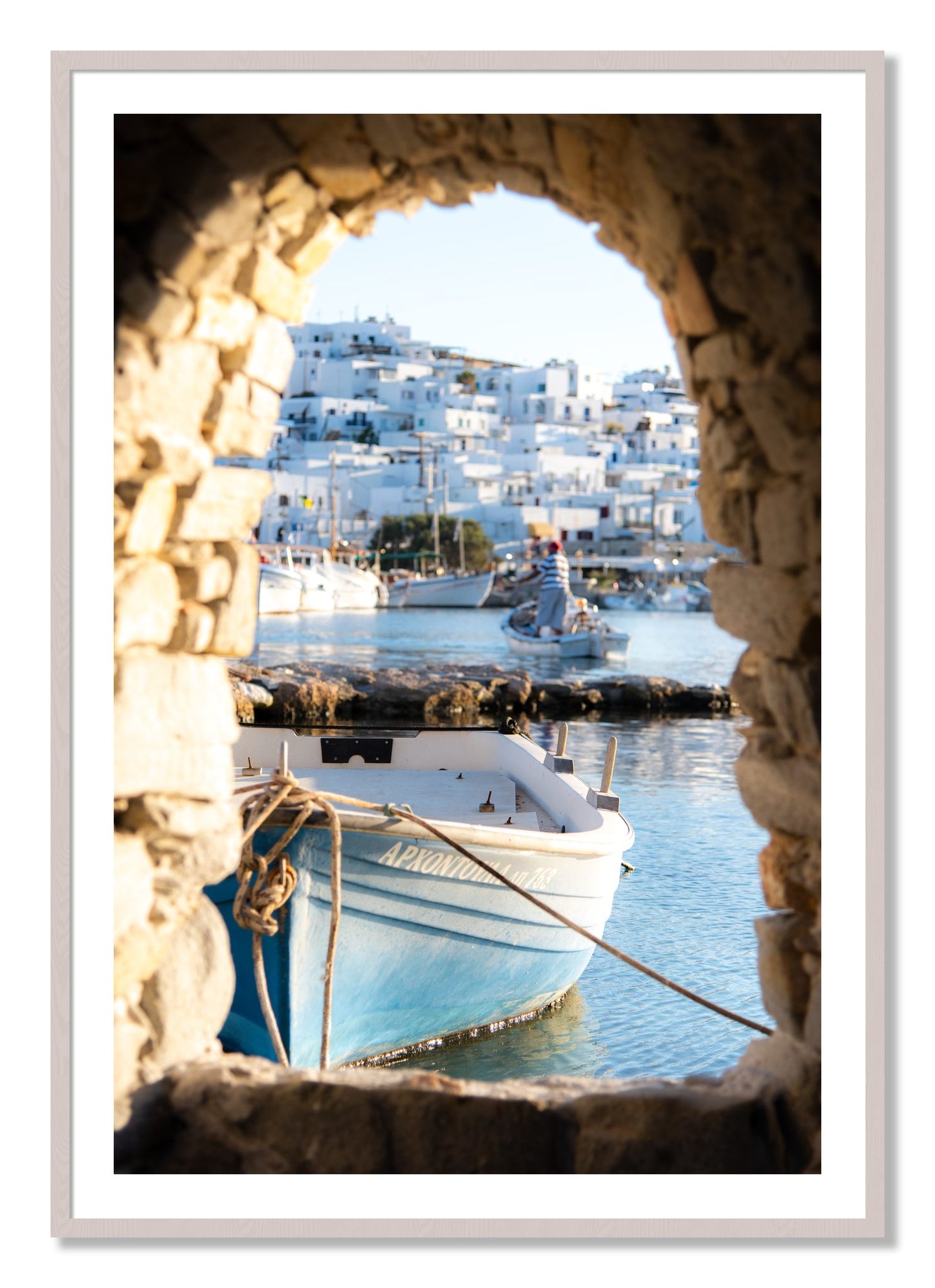 Framed photograph of Paros Greece by Dylan Ozanich, White Maple frame, Borders