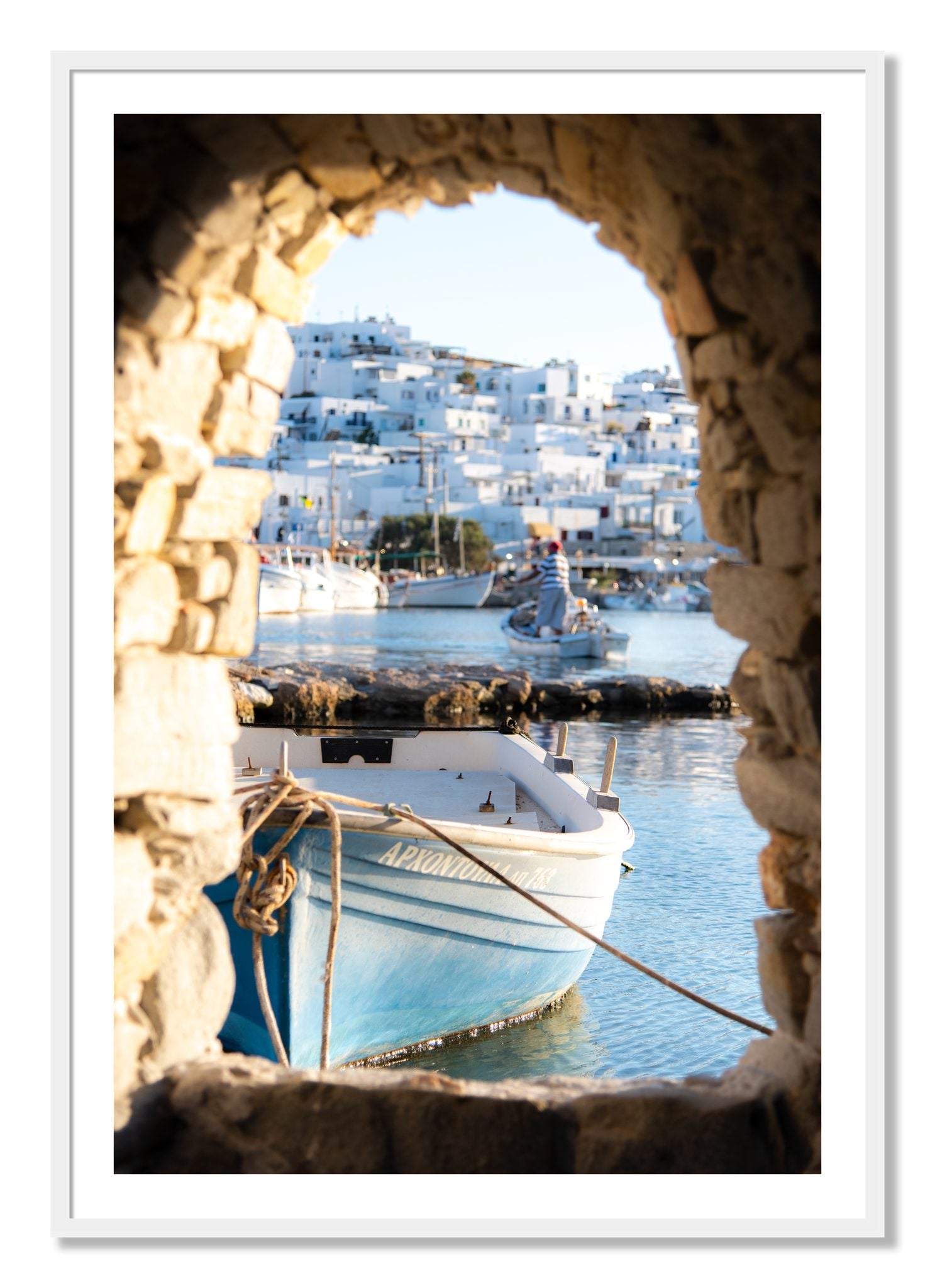 Framed photograph of Paros Greece by Dylan Ozanich, White frame, Borders
