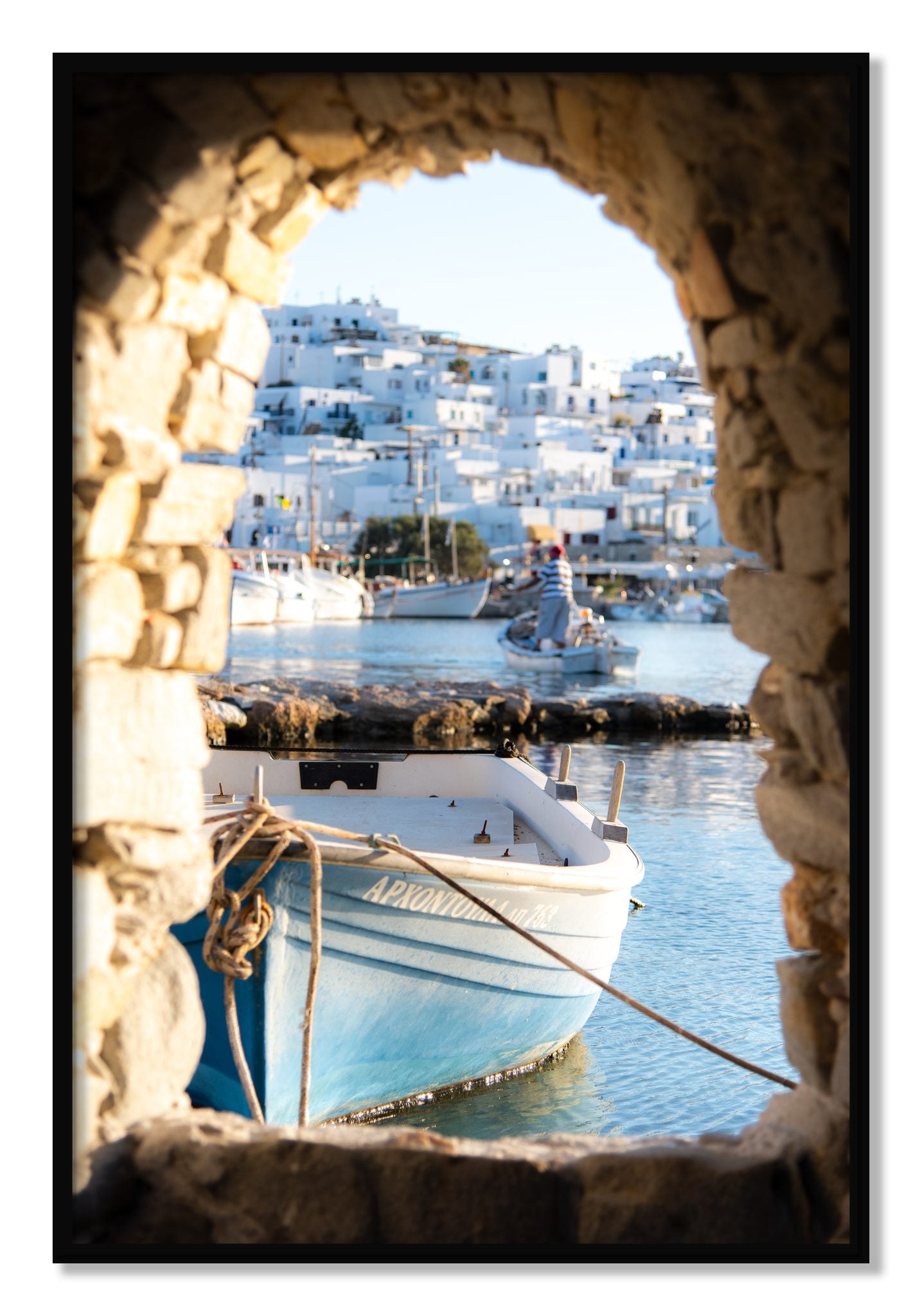 Framed photograph of Paros Greece by Dylan Ozanich, Black frame, Full Bleed