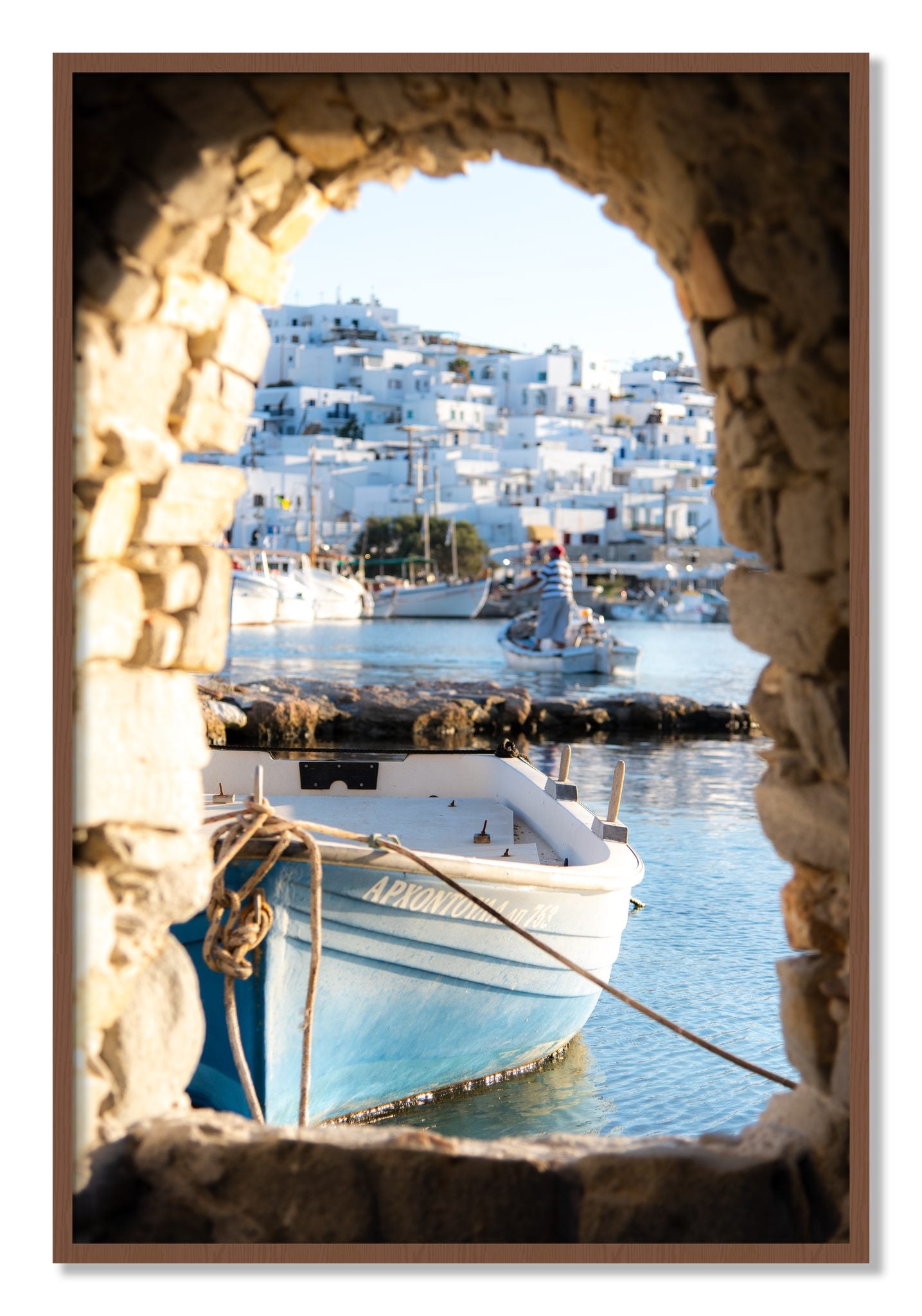 Framed photograph of Paros Greece by Dylan Ozanich, Walnut frame, Full Bleed