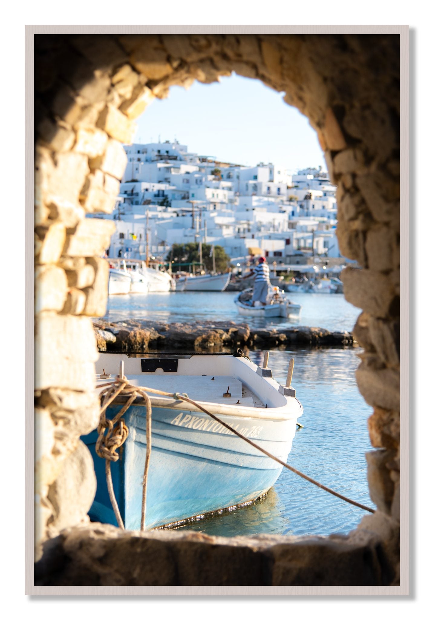 Framed photograph of Paros Greece by Dylan Ozanich, White Maple frame, Full Bleed