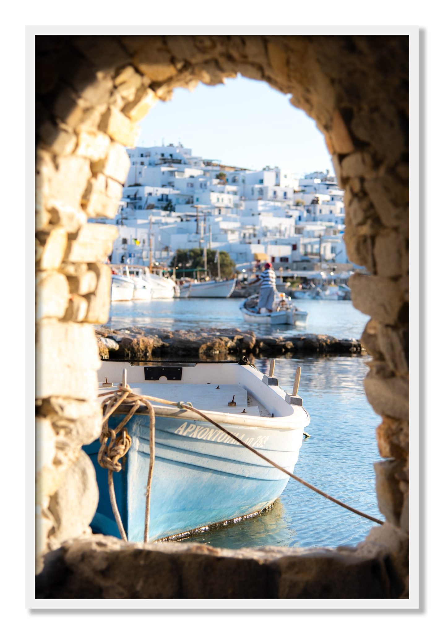 Framed photograph of Paros Greece by Dylan Ozanich, White frame, Full Bleed