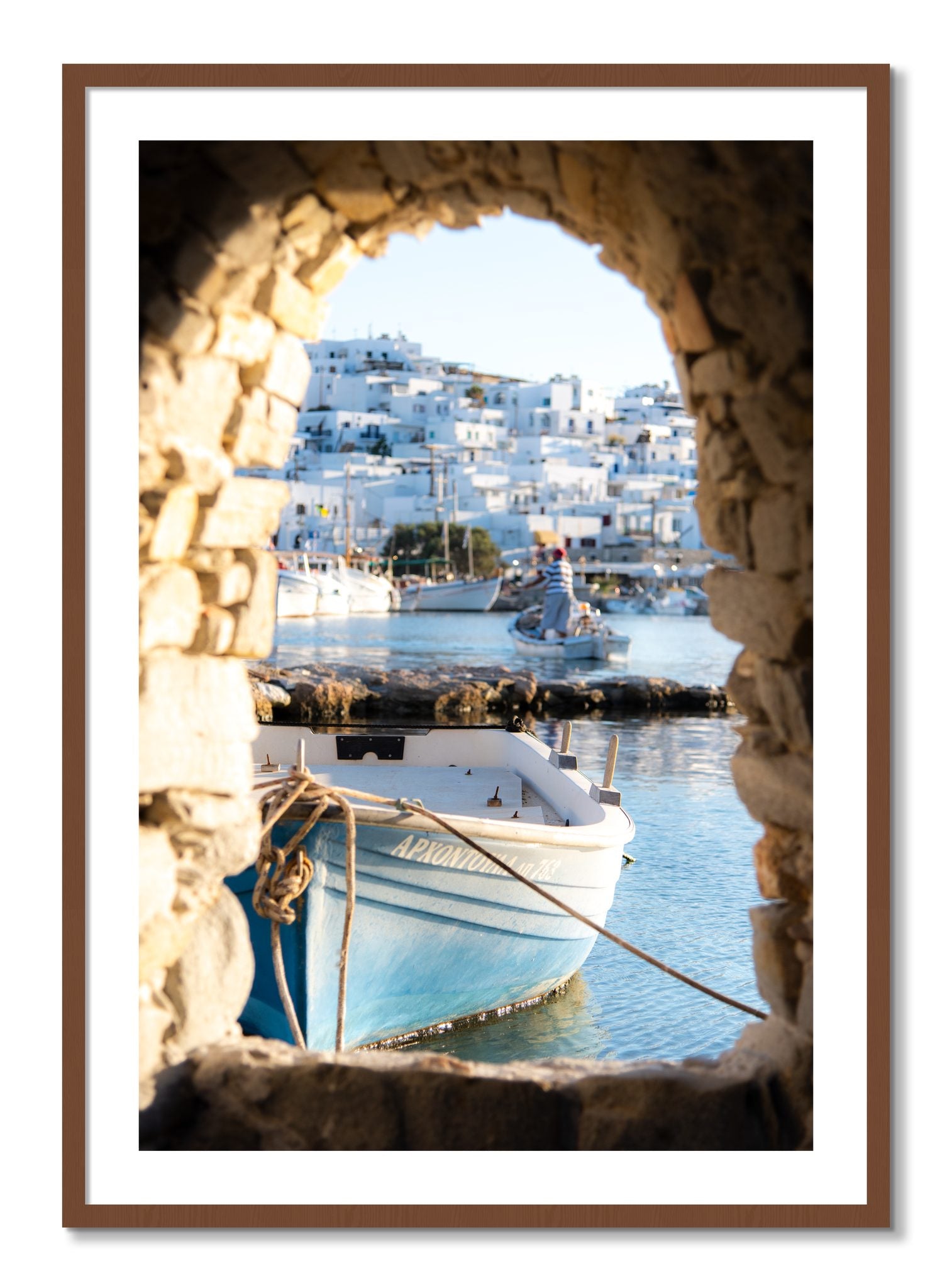 Framed photograph of Paros Greece by Dylan Ozanich, Walnut frame, Borders