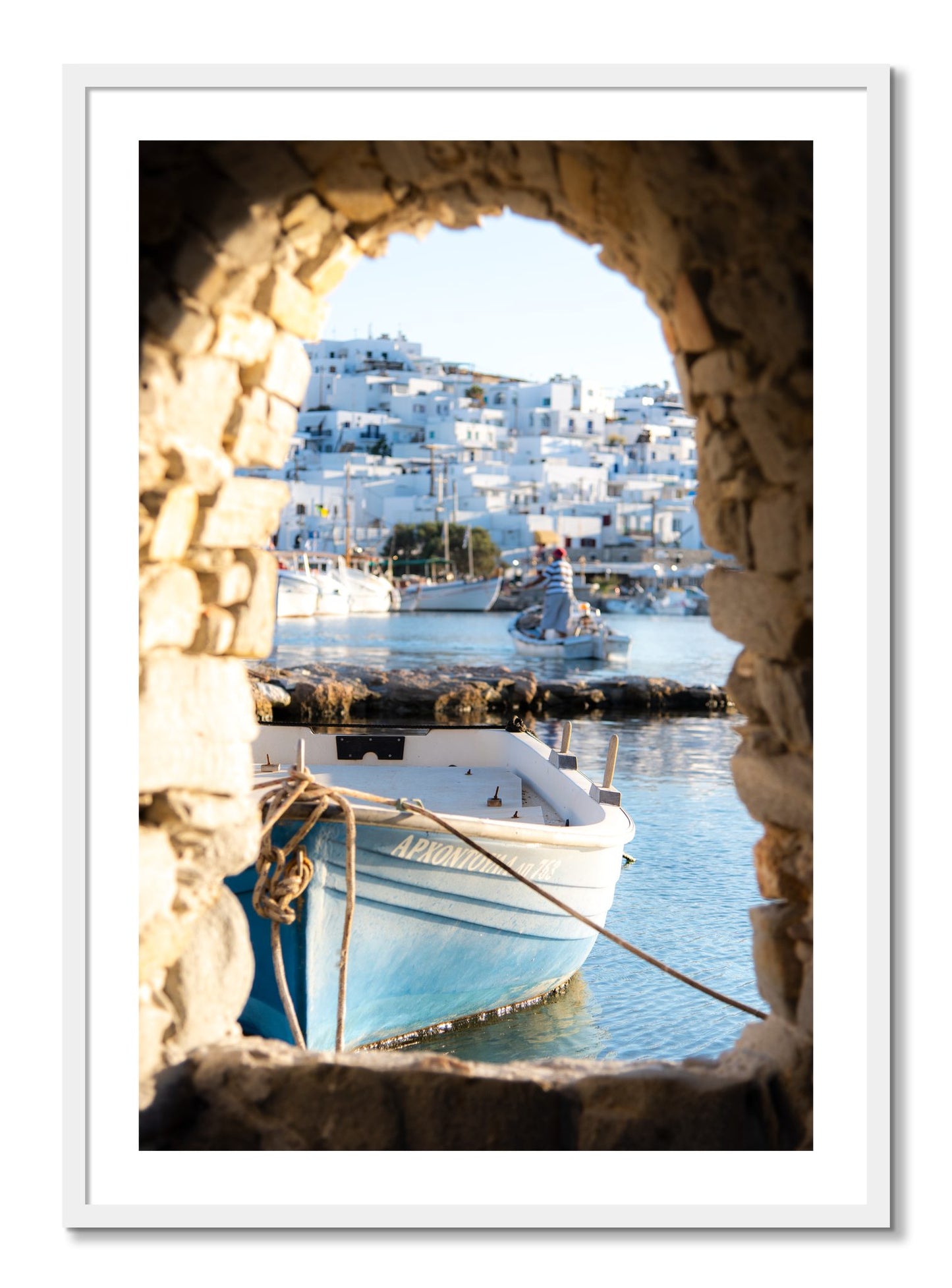 Framed photograph of Paros Greece by Dylan Ozanich, White frame, Borders