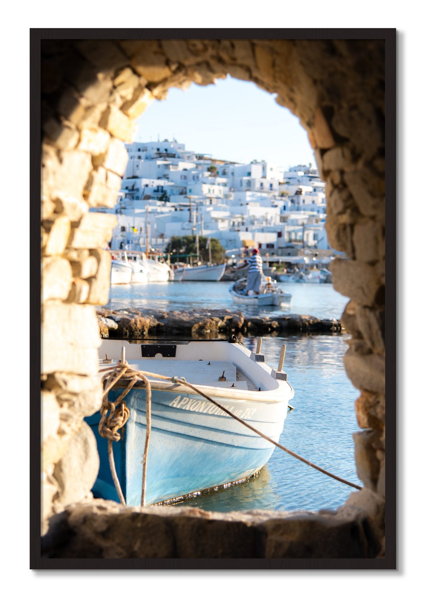 Framed photograph of Paros Greece by Dylan Ozanich, Black Walnut frame, Full Bleed
