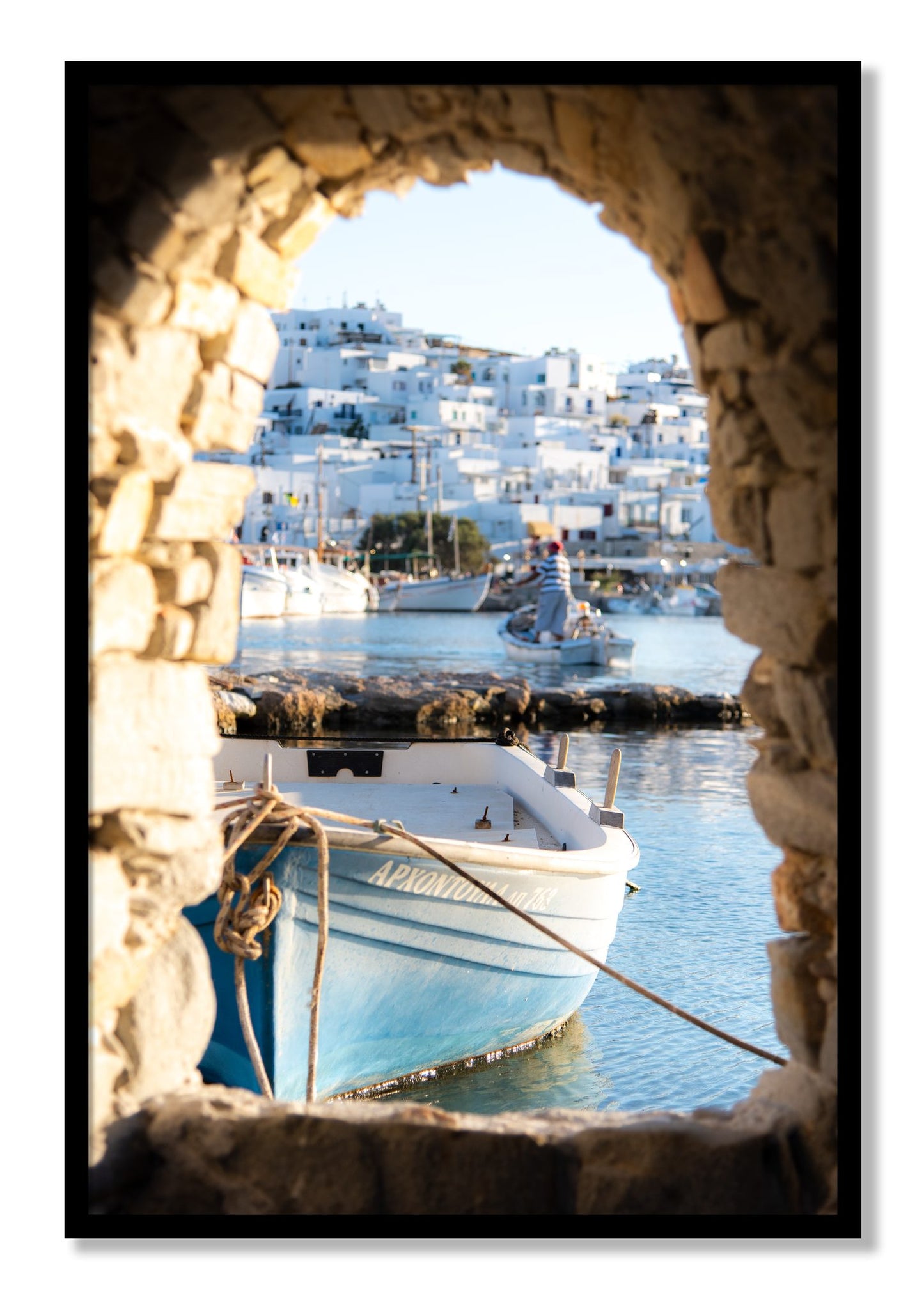 Framed photograph of Paros Greece by Dylan Ozanich, Black frame, Full Bleed
