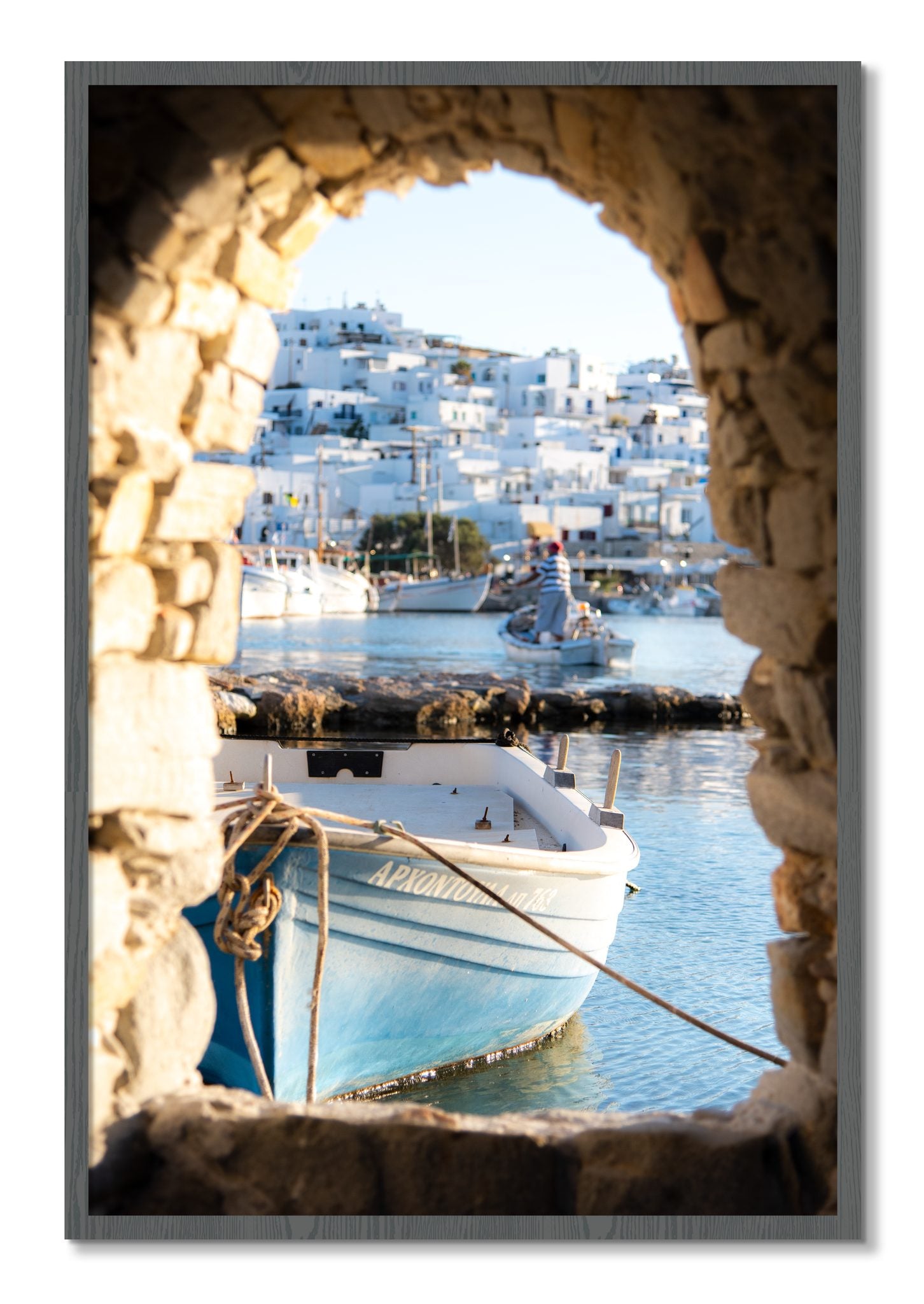 Framed photograph of Paros Greece by Dylan Ozanich, Grey frame, Full Bleed