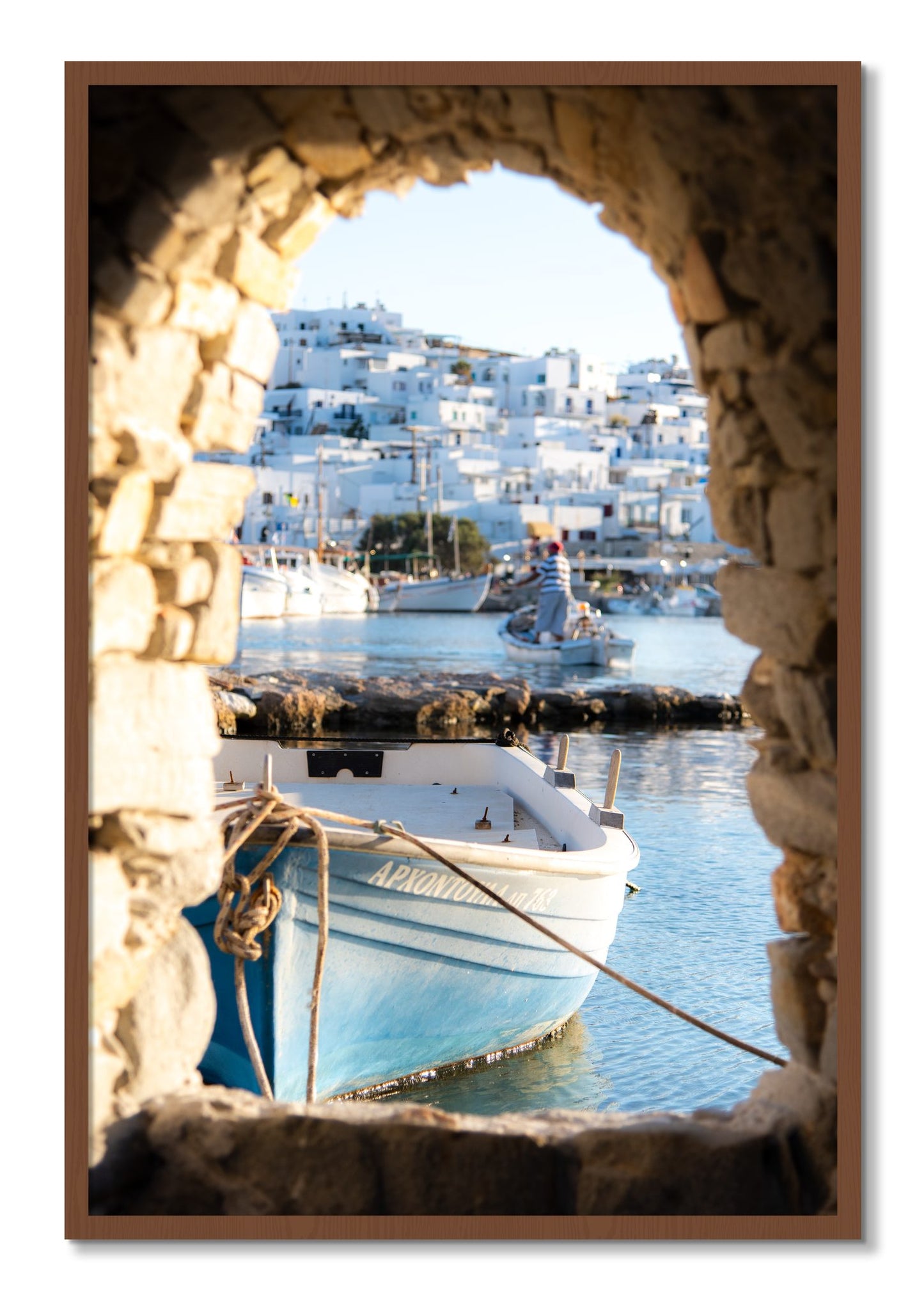 Framed photograph of Paros Greece by Dylan Ozanich, Walnut frame, Full Bleed
