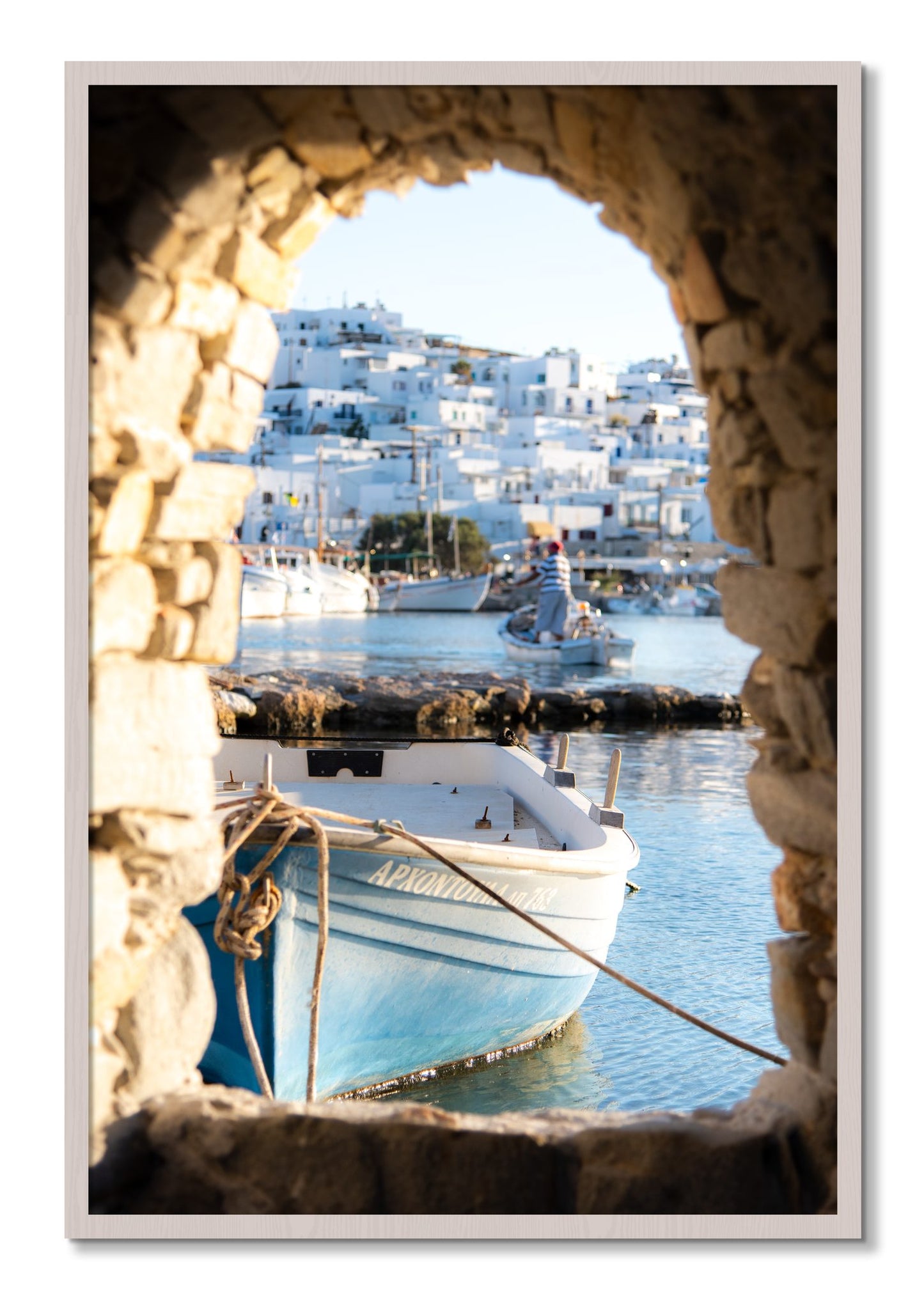 Framed photograph of Paros Greece by Dylan Ozanich, White Maple frame, Full Bleed