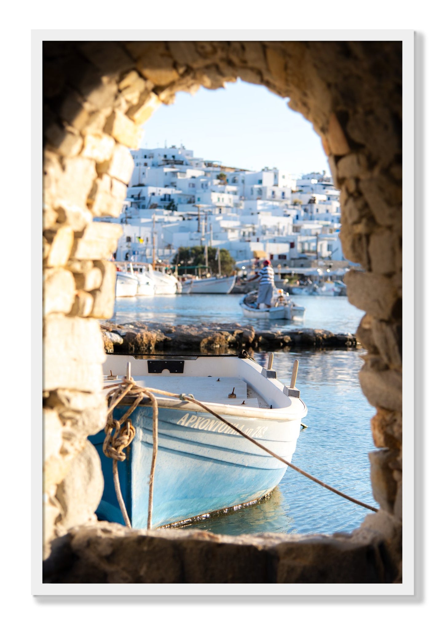 Framed photograph of Paros Greece by Dylan Ozanich, White frame, Full Bleed