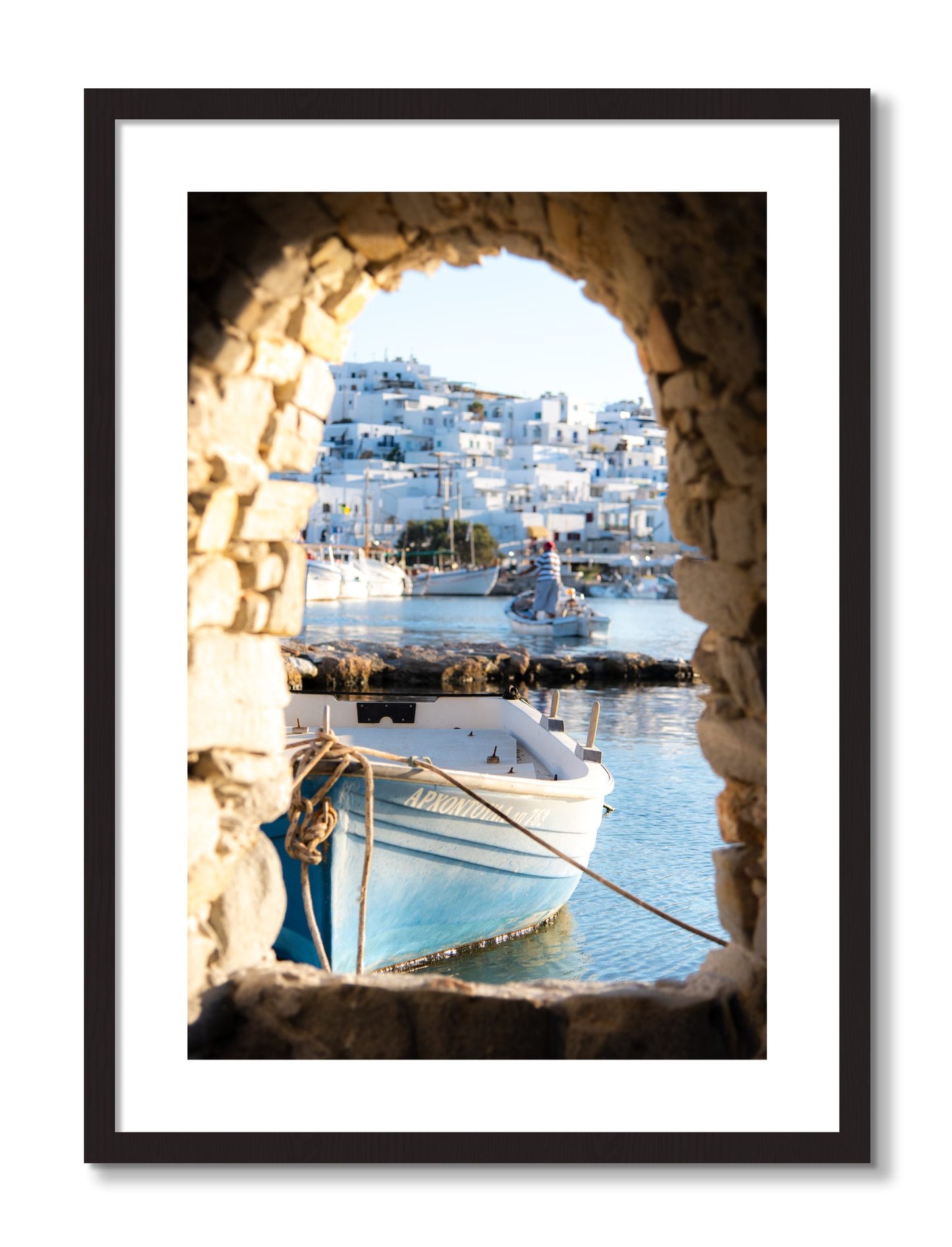 Framed photograph of Paros Greece by Dylan Ozanich, Black Walnut frame, Borders