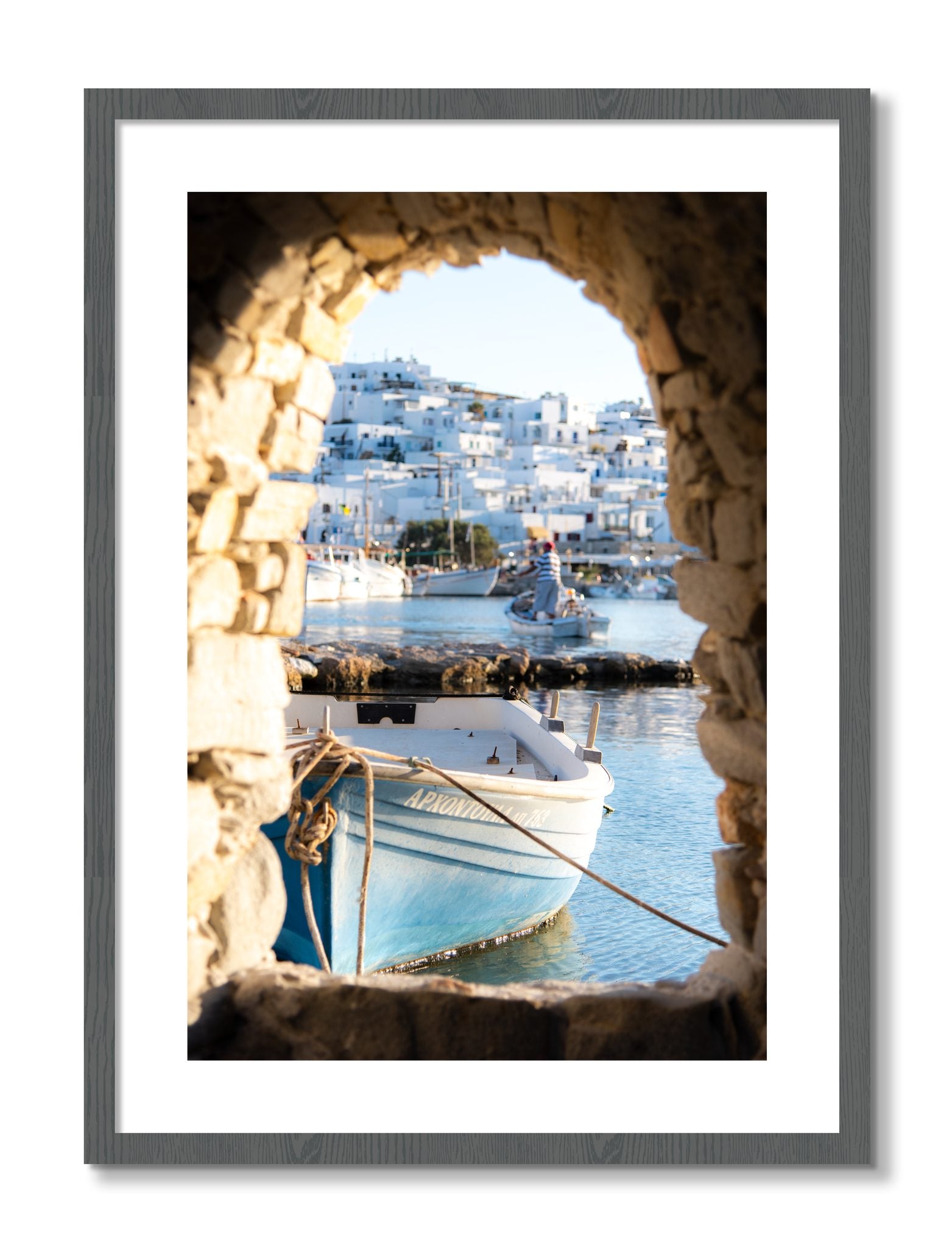 Framed photograph of Paros Greece by Dylan Ozanich, Grey frame, Borders