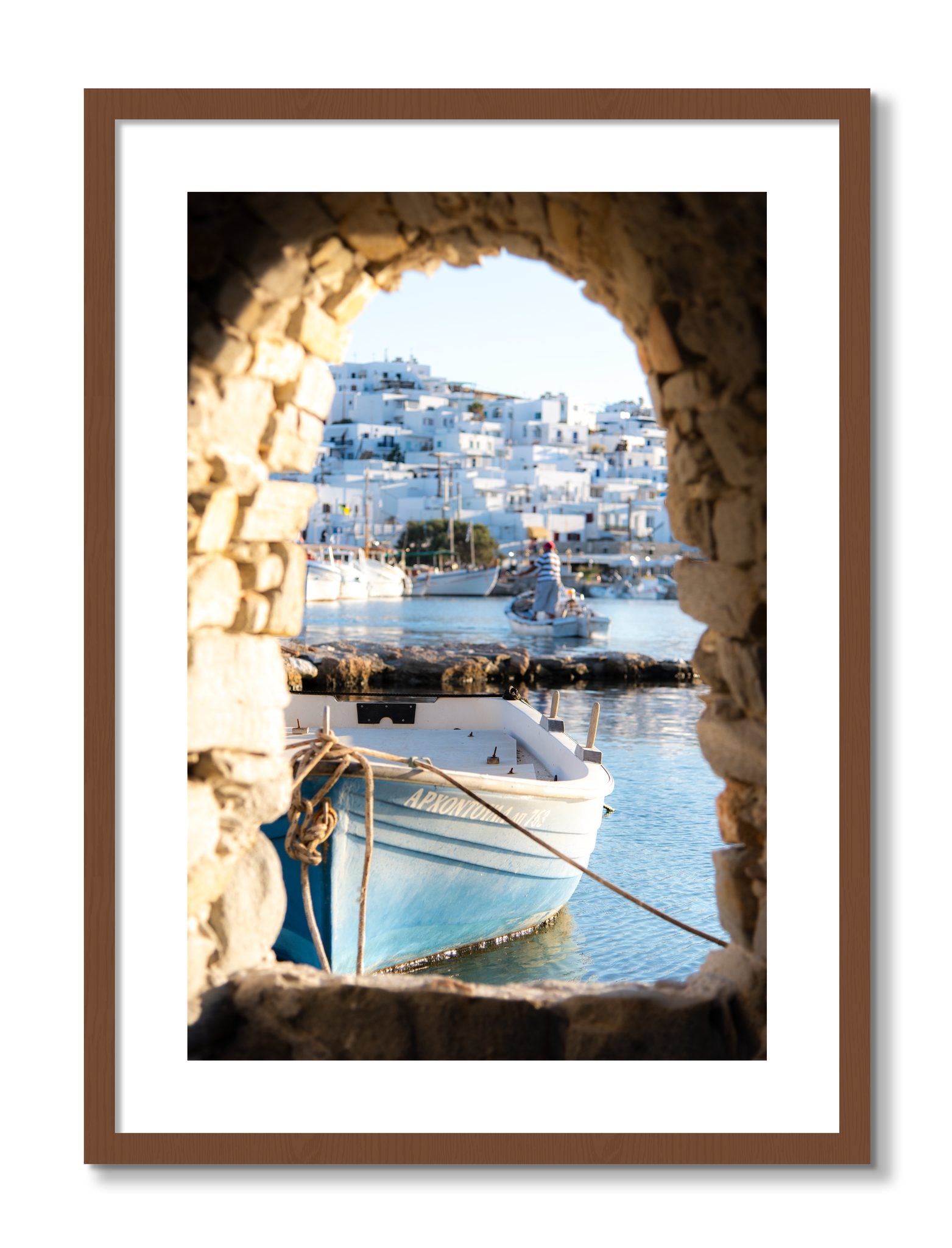 Framed photograph of Paros Greece by Dylan Ozanich, Walnut frame, Borders