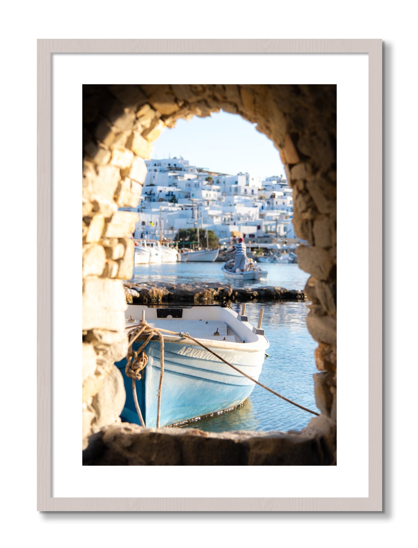 Framed photograph of Paros Greece by Dylan Ozanich, White Maple frame, Borders