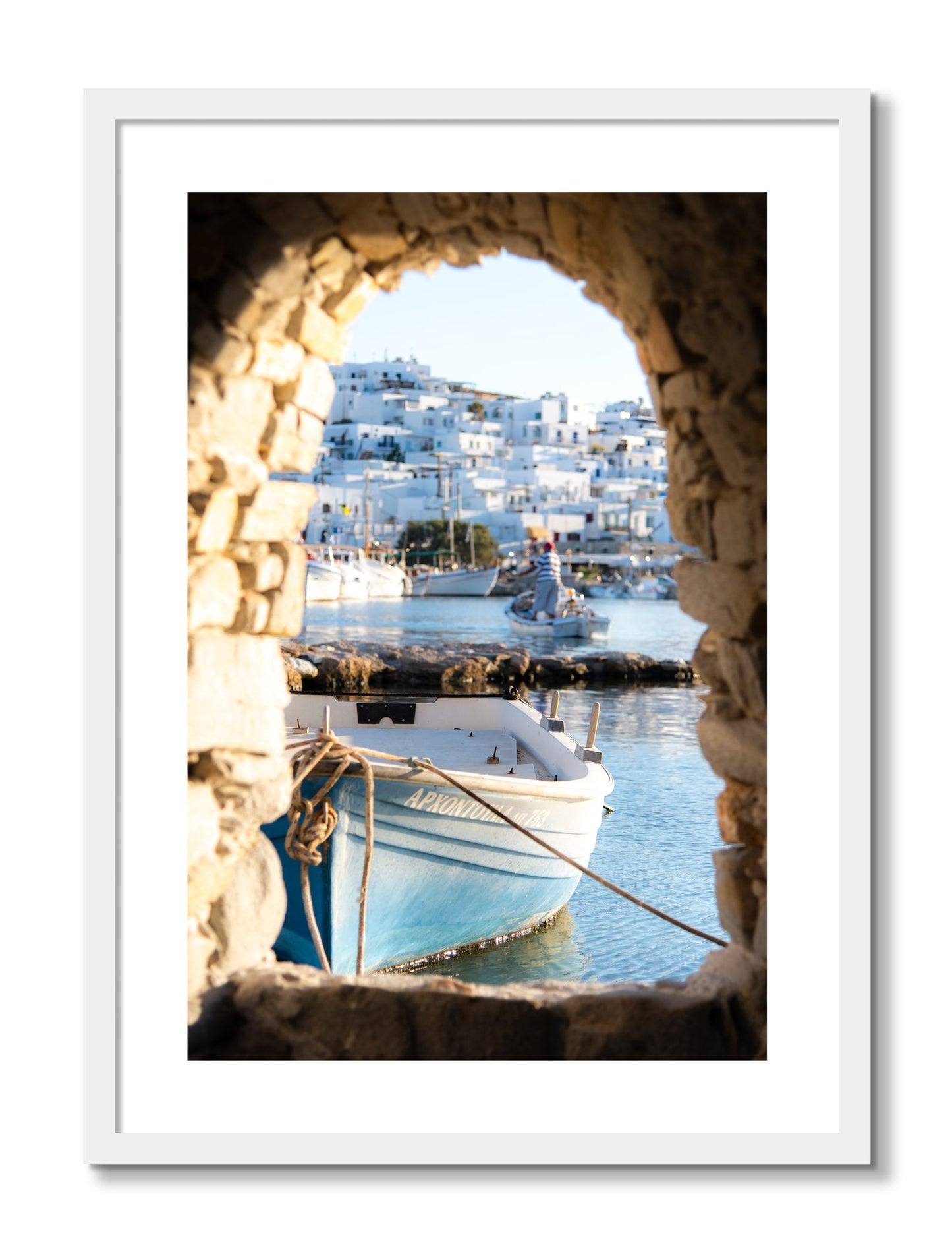 Framed photograph of Paros Greece by Dylan Ozanich, White frame, Borders