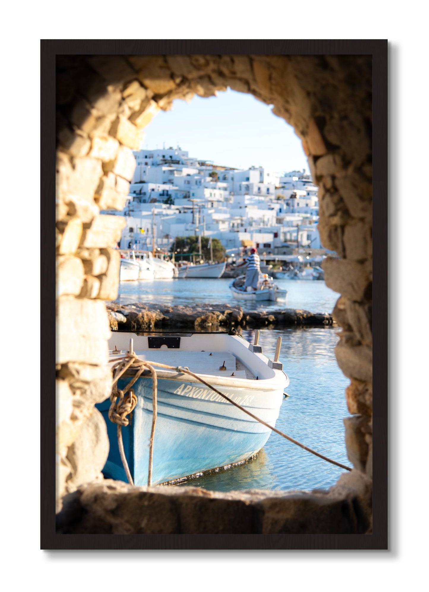Framed photograph of Paros Greece by Dylan Ozanich, Black Walnut frame, Full Bleed