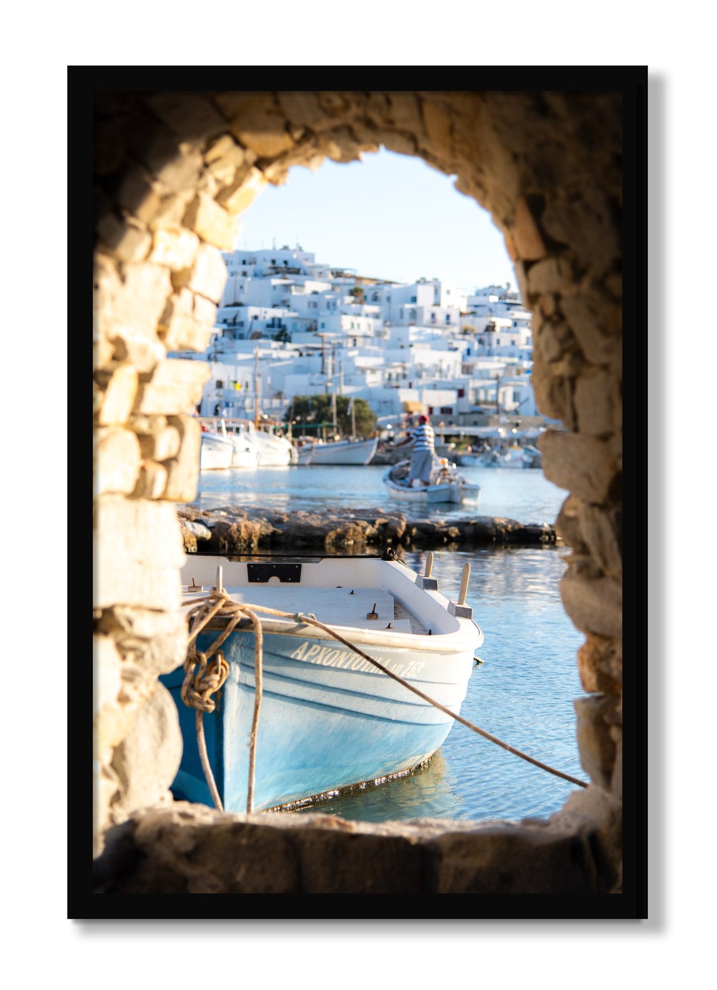 Framed photograph of Paros Greece by Dylan Ozanich, Black frame, Full Bleed