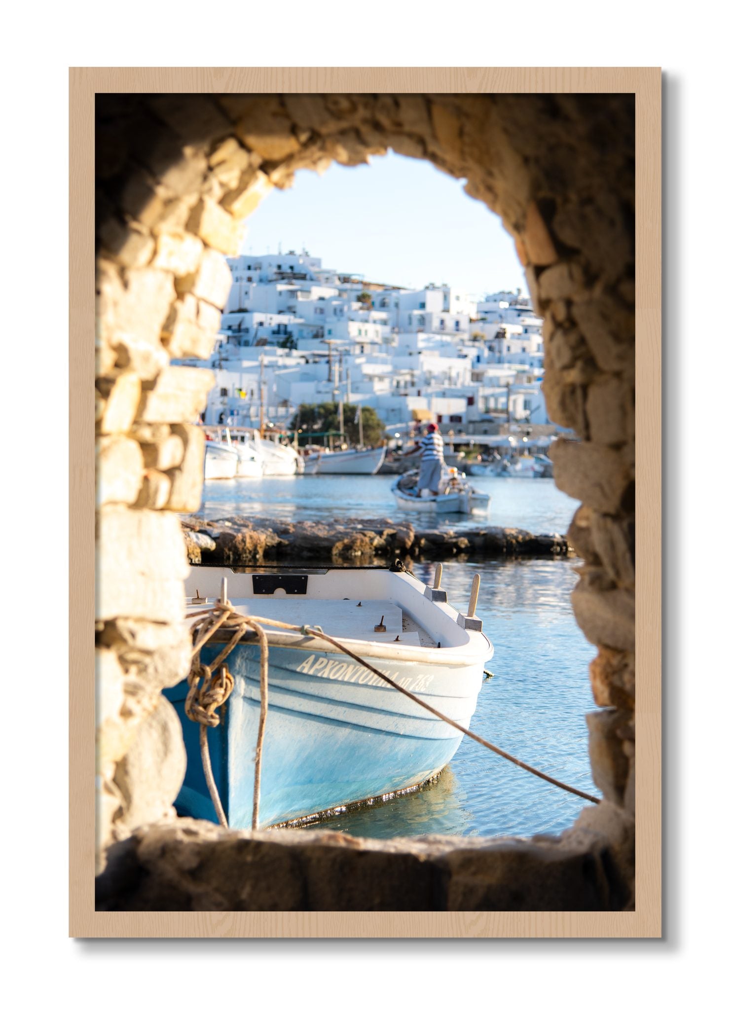 Framed photograph of Paros Greece by Dylan Ozanich, Oak frame, Full Bleed