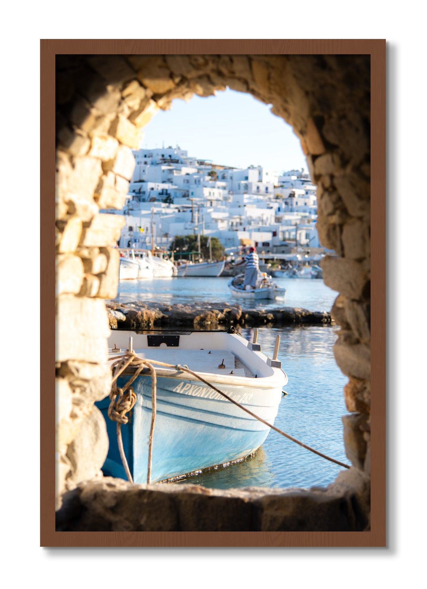 Framed photograph of Paros Greece by Dylan Ozanich, Walnut frame, Full Bleed