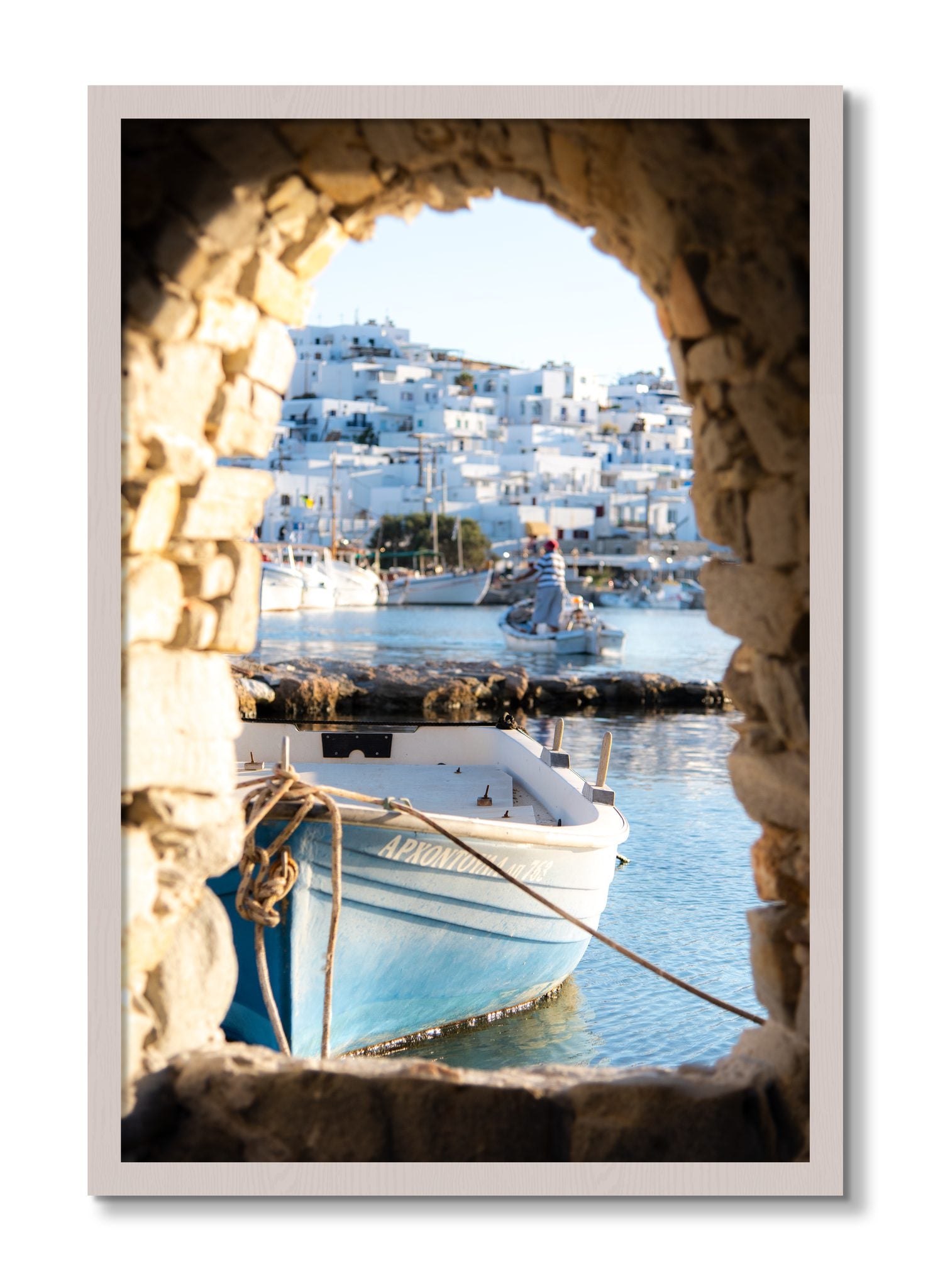 Framed photograph of Paros Greece by Dylan Ozanich, White Maple frame, Full Bleed