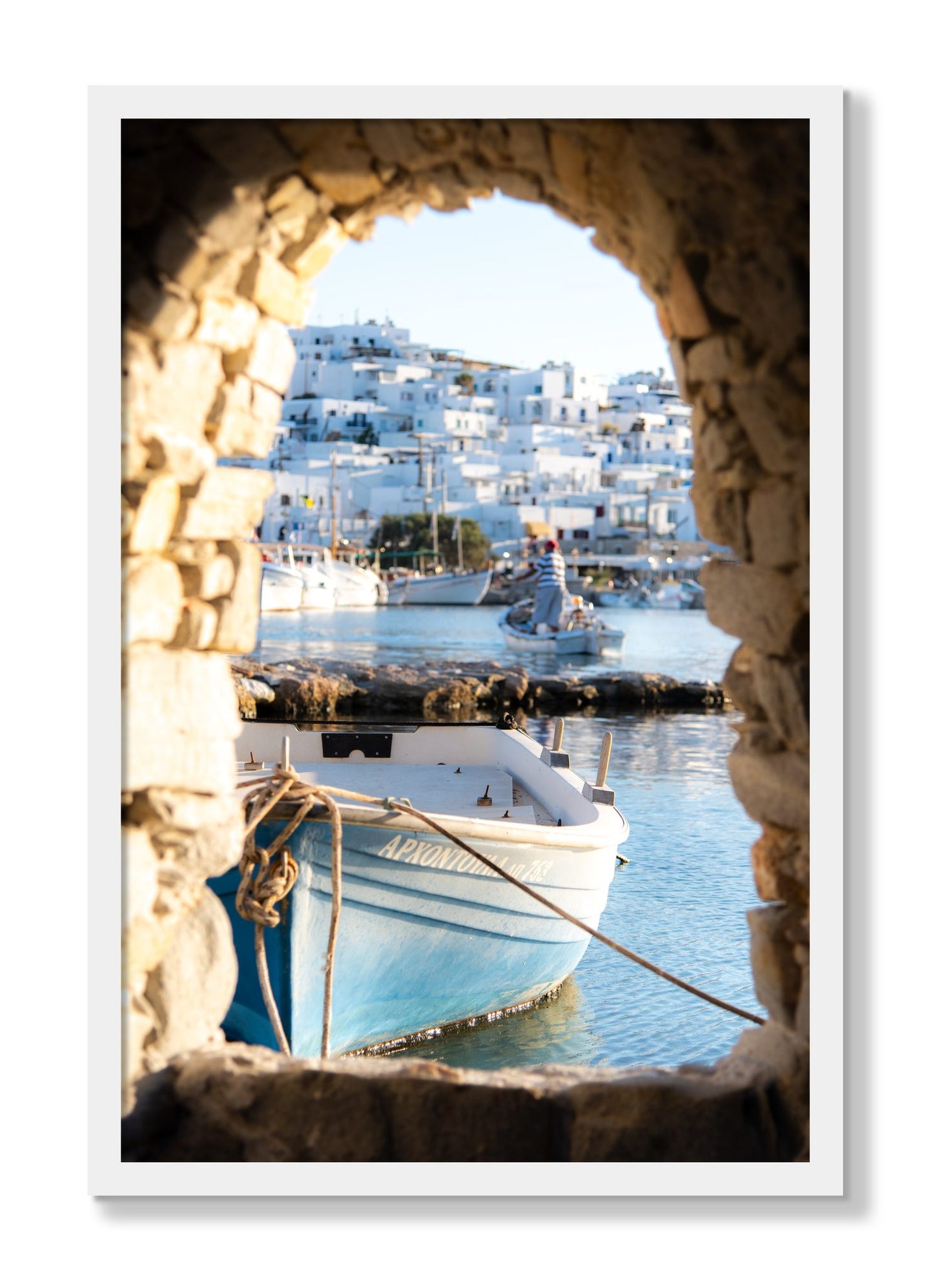 Framed photograph of Paros Greece by Dylan Ozanich, White frame, Full Bleed