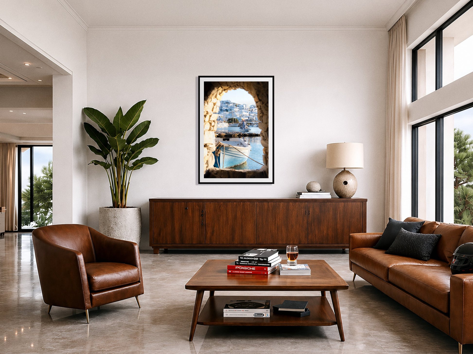 Framed photograph of Paros Greece by Dylan Ozanich displayed on a wall