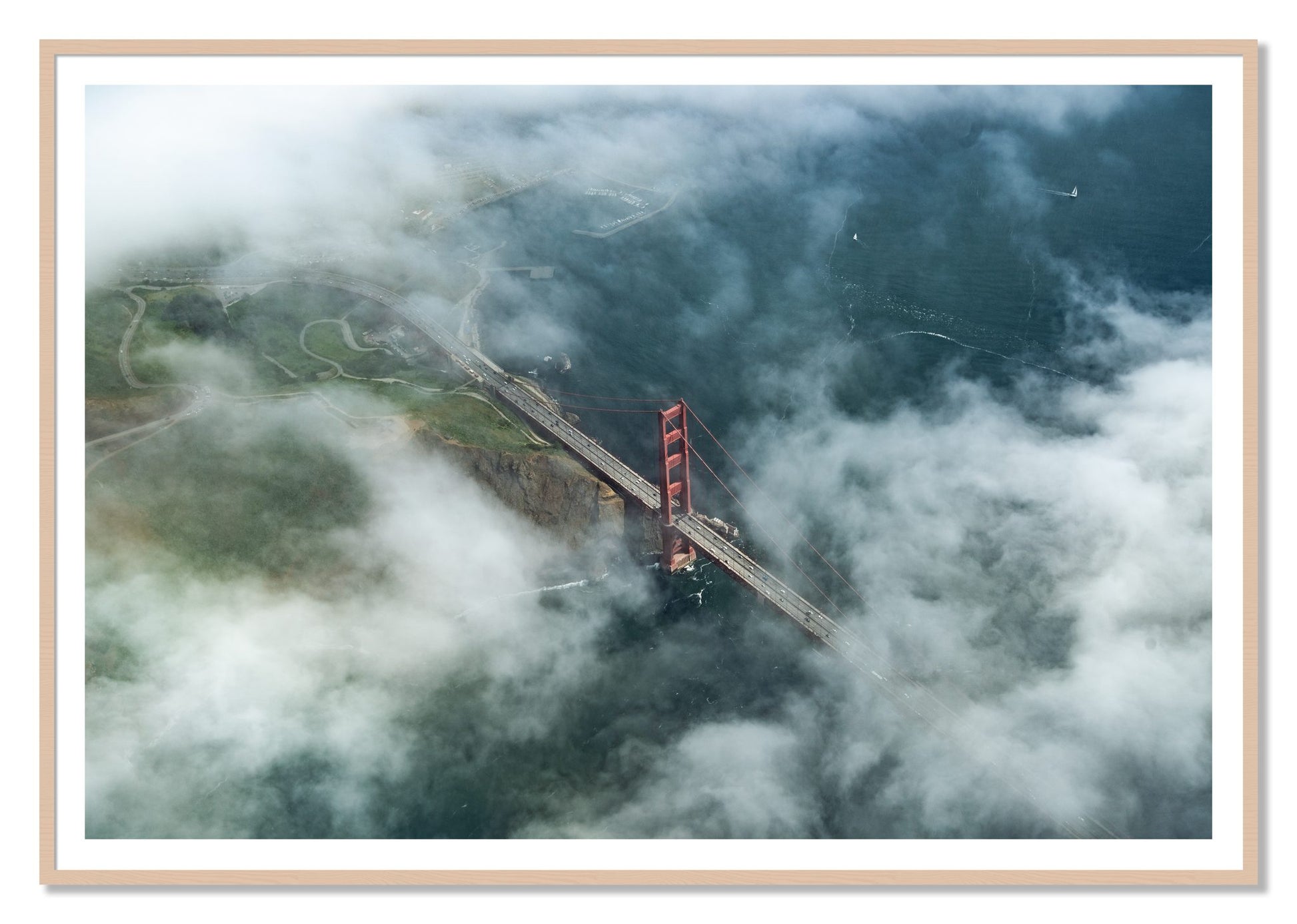 Peaking Through by Dylan Ozanich, 48×72 print with a White Border in a Maple frame