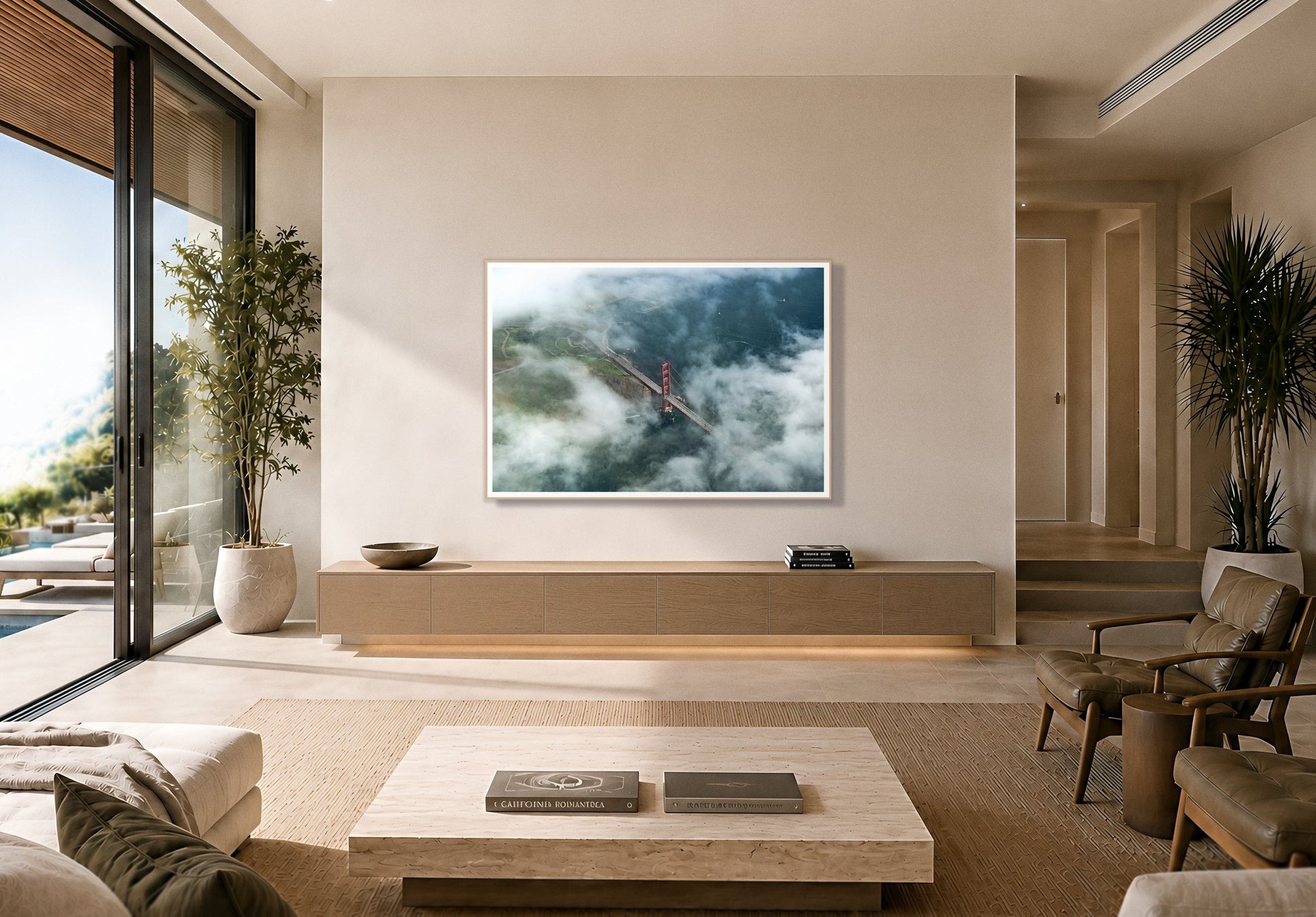 Peaking Through by Dylan Ozanich in an Oak frame, above a floating oak credenza in a minimalist room opening onto a pool terrace