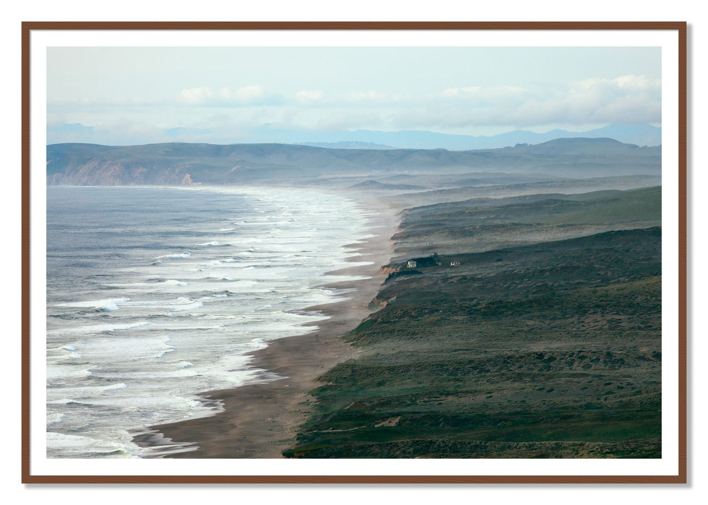 Point Reyes Ranch by Dylan Ozanich, 48×72 print with a White Border in a Walnut frame