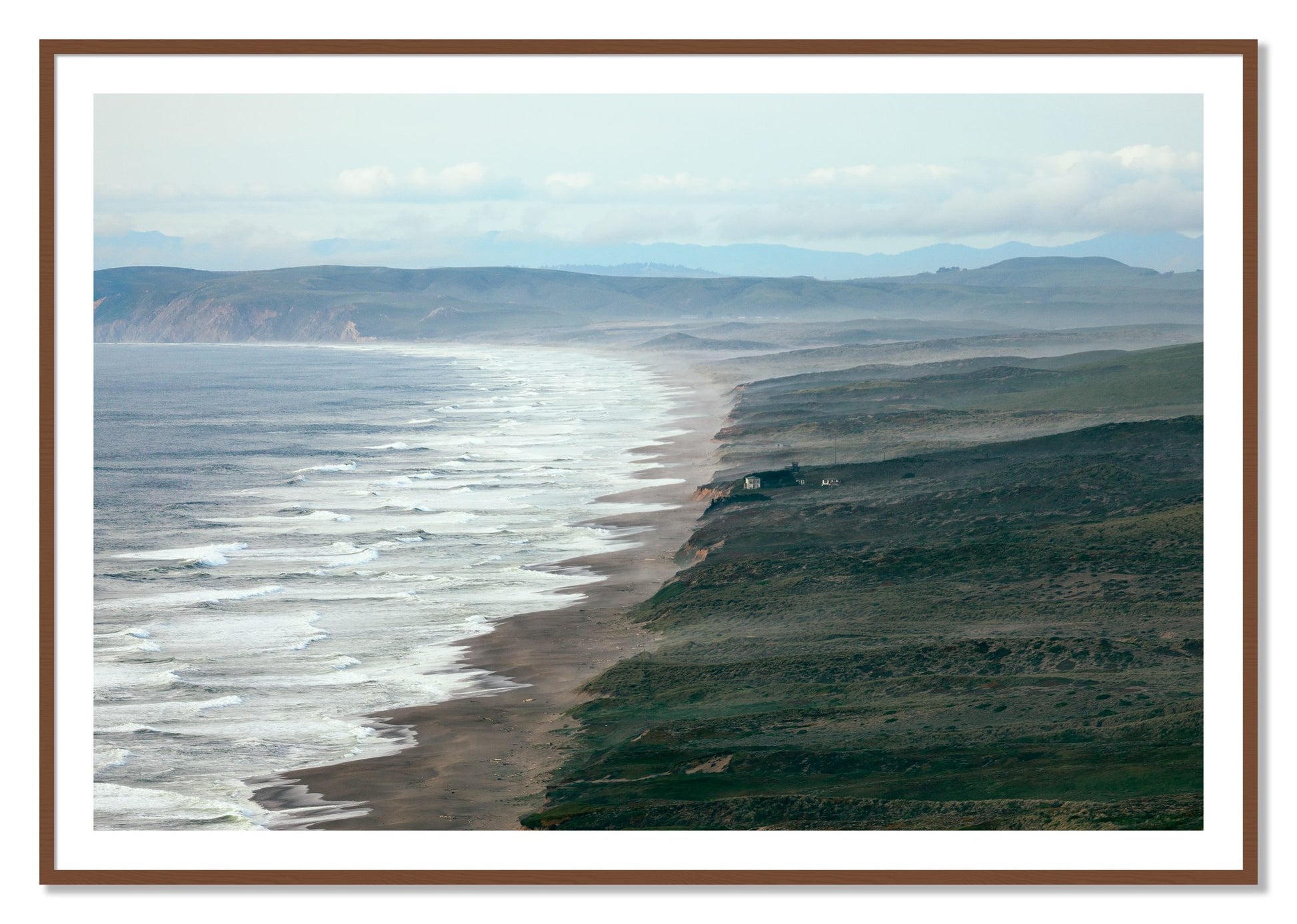 Framed photograph of Point Reyes Ranch by Dylan Ozanich, Walnut frame, Borders