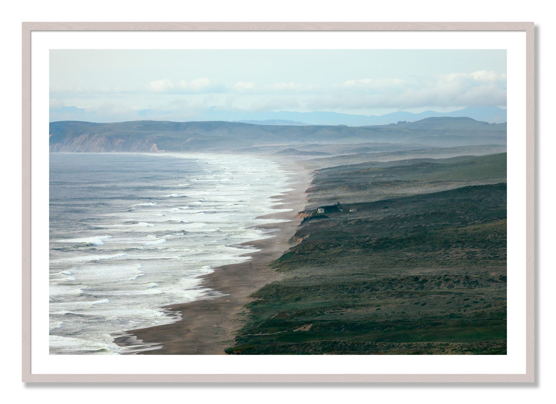 Framed photograph of Point Reyes Ranch by Dylan Ozanich, White Maple frame, Borders