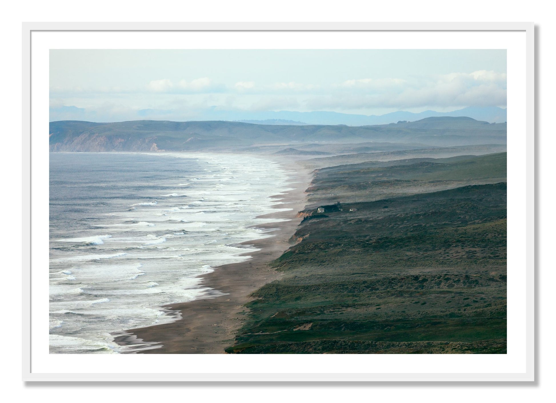 Framed photograph of Point Reyes Ranch by Dylan Ozanich, White frame, Borders