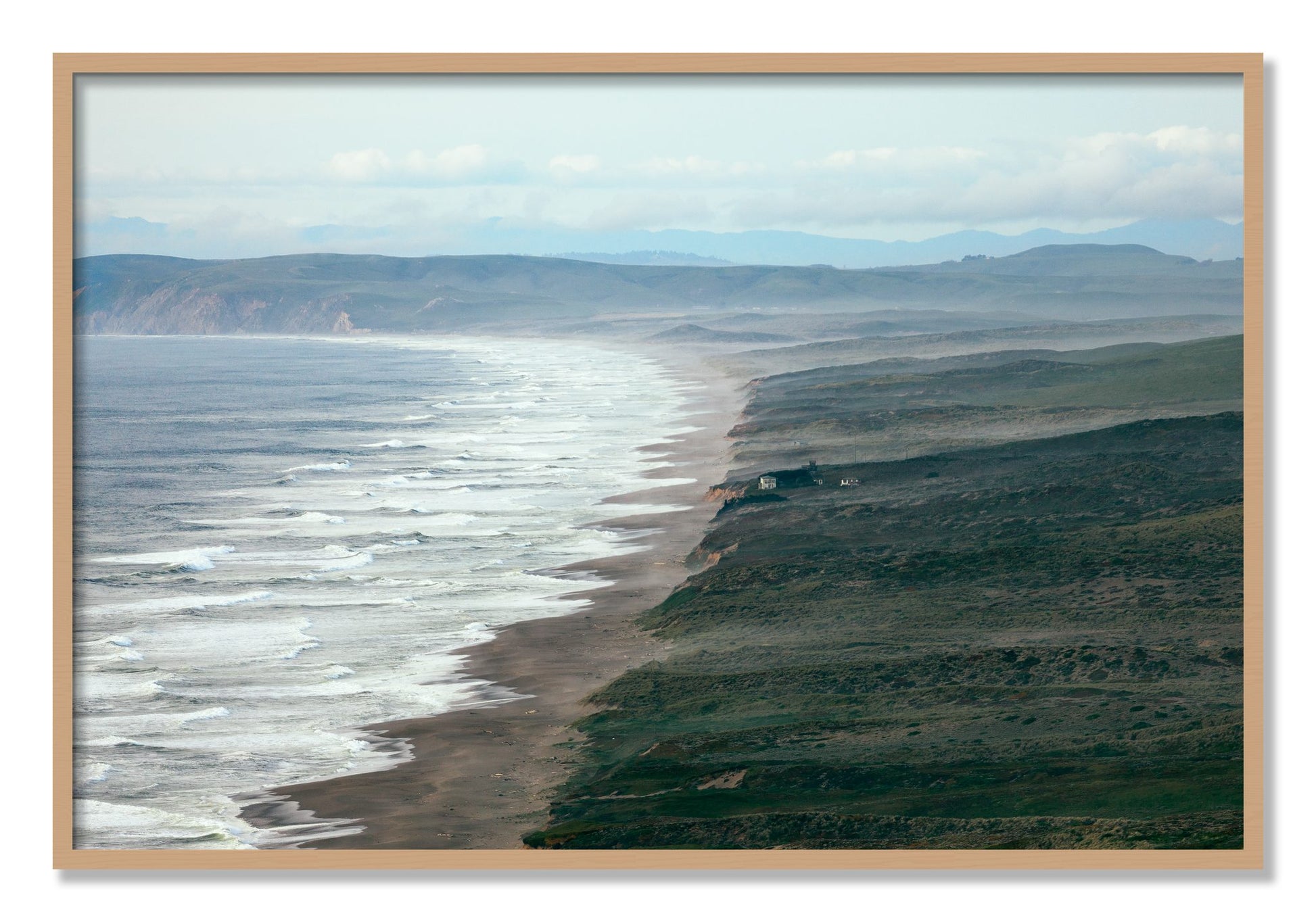 Framed photograph of Point Reyes Ranch by Dylan Ozanich, Oak frame, Full Bleed