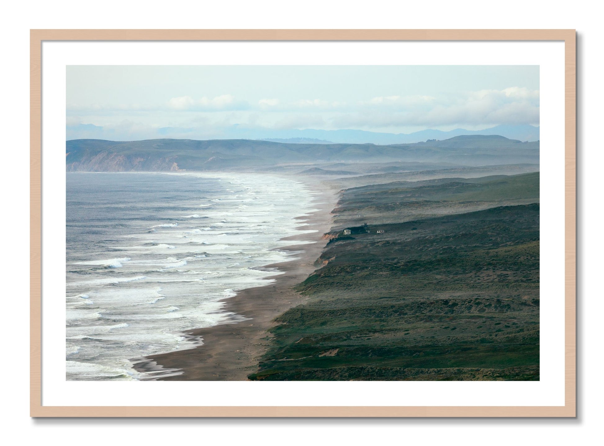 Framed photograph of Point Reyes Ranch by Dylan Ozanich, Maple frame, Borders