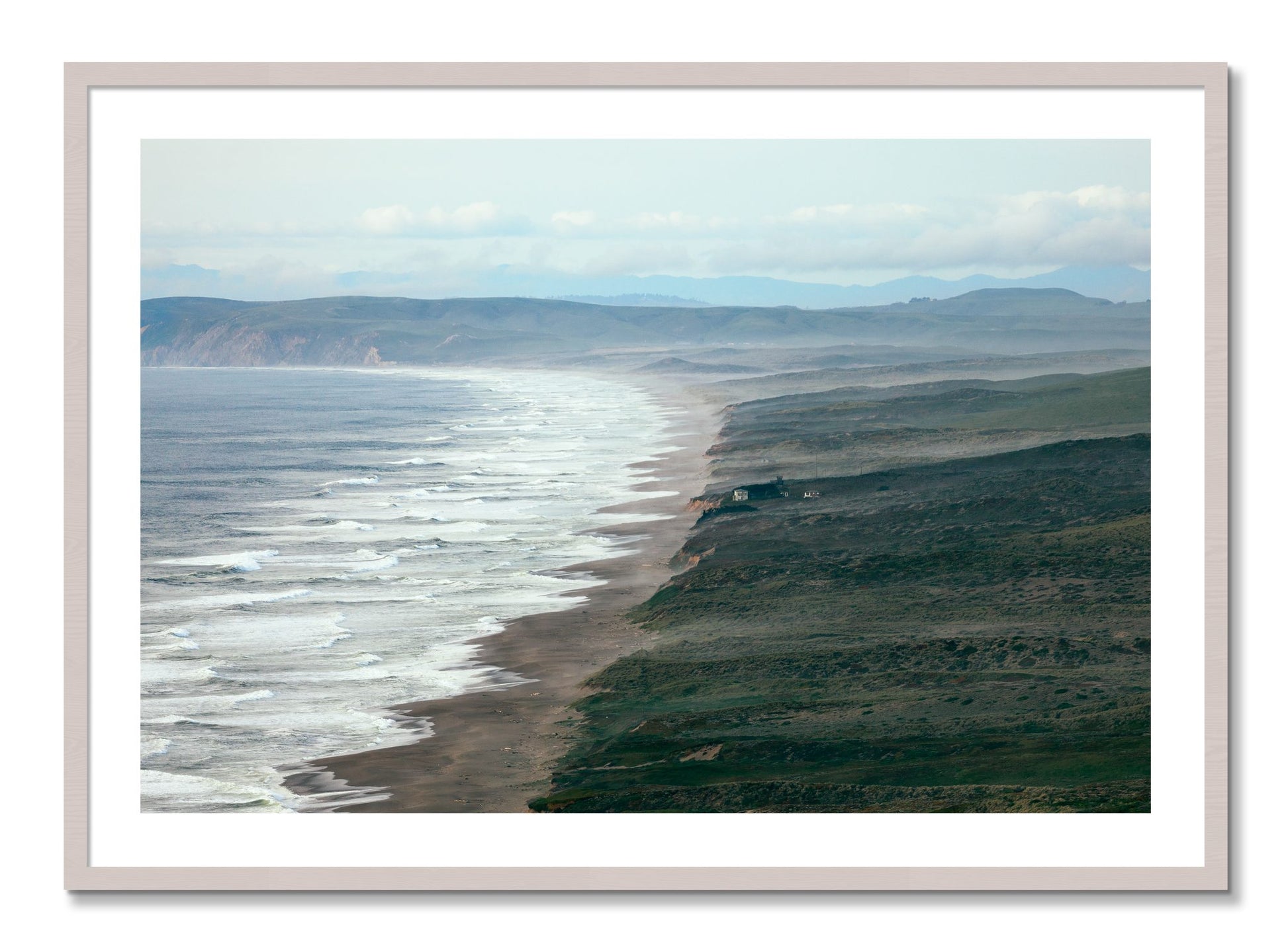 Framed photograph of Point Reyes Ranch by Dylan Ozanich, White Maple frame, Borders