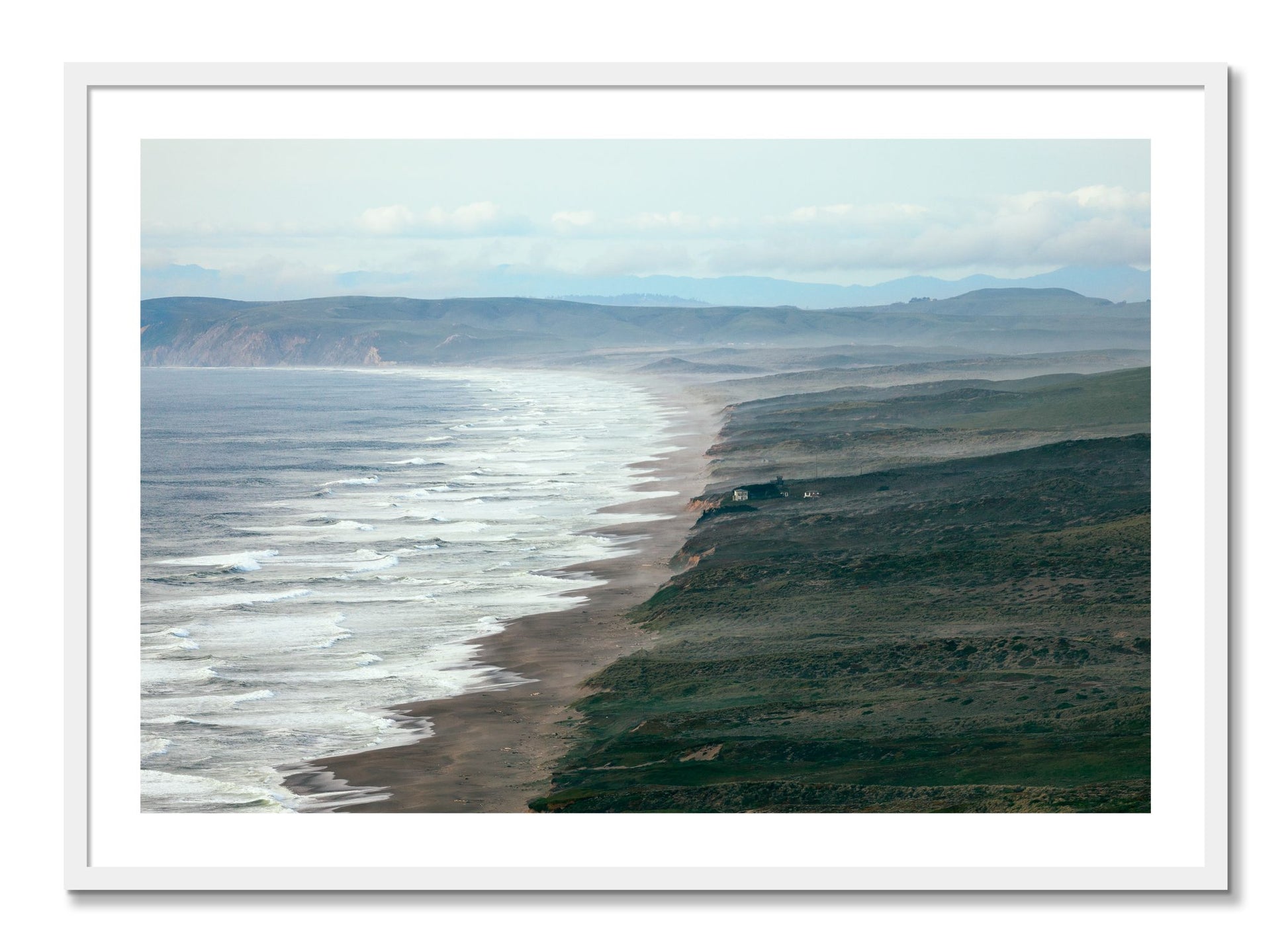 Framed photograph of Point Reyes Ranch by Dylan Ozanich, White frame, Borders