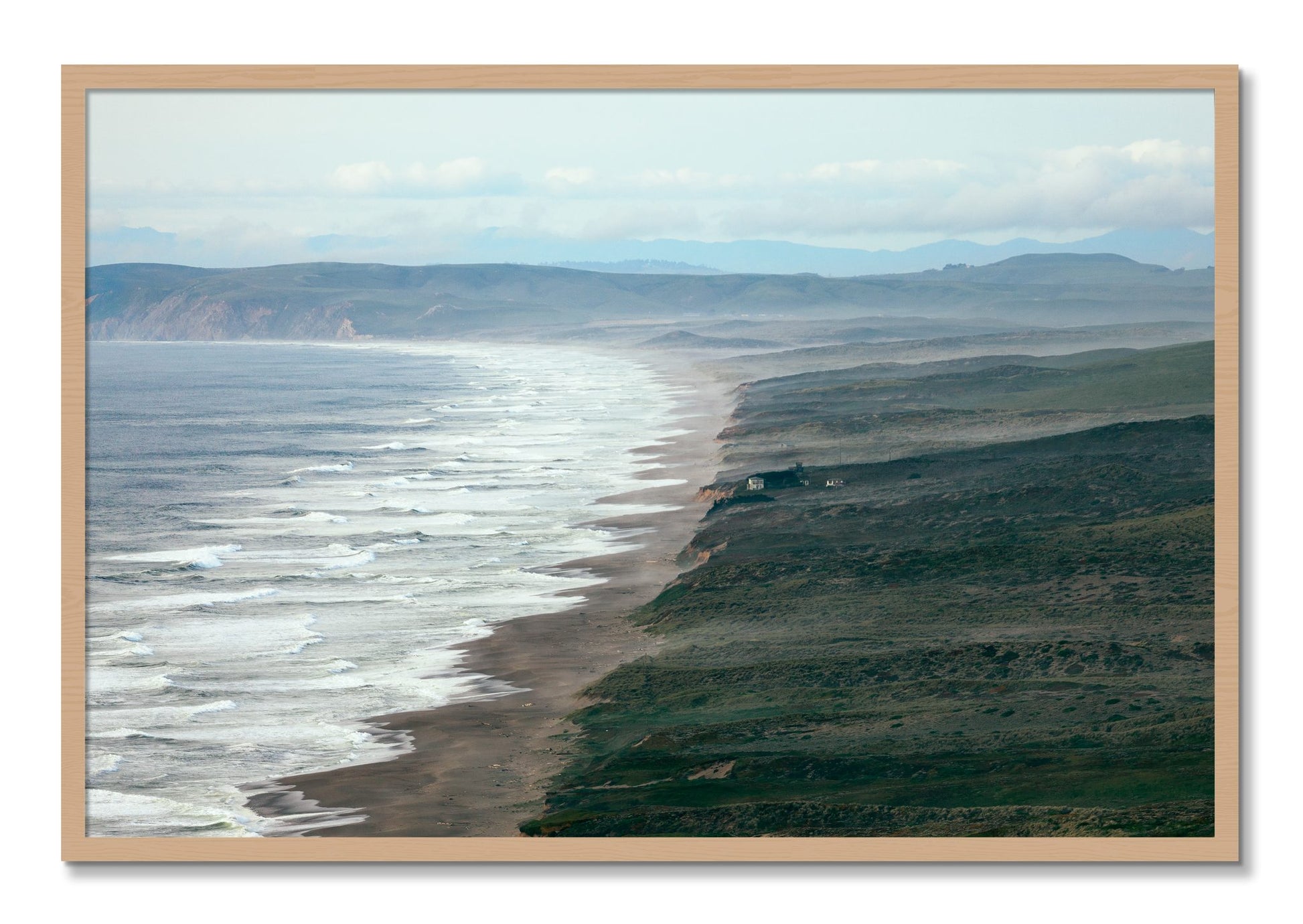 Framed photograph of Point Reyes Ranch by Dylan Ozanich, Oak frame, Full Bleed