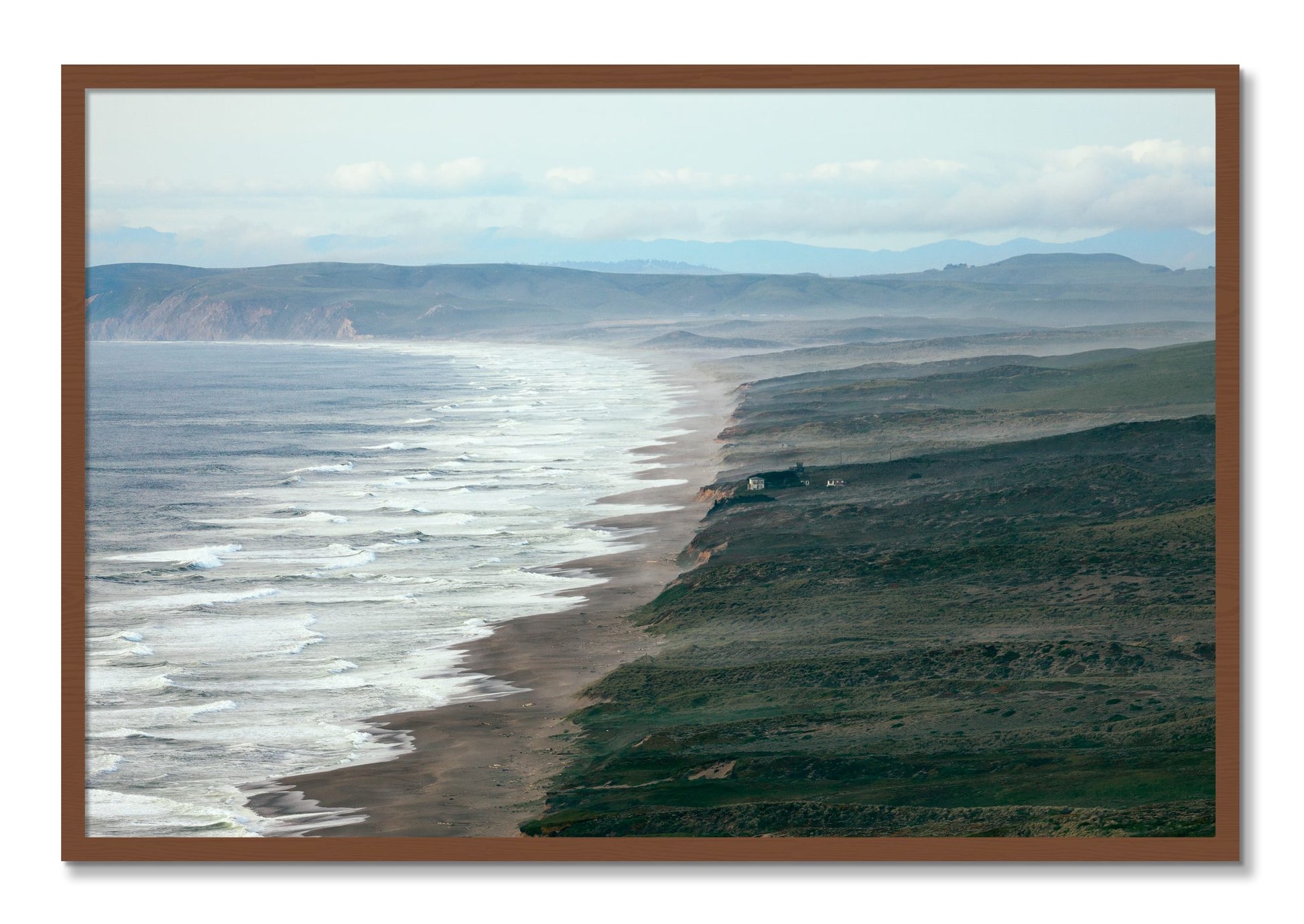 Framed photograph of Point Reyes Ranch by Dylan Ozanich, Walnut frame, Full Bleed