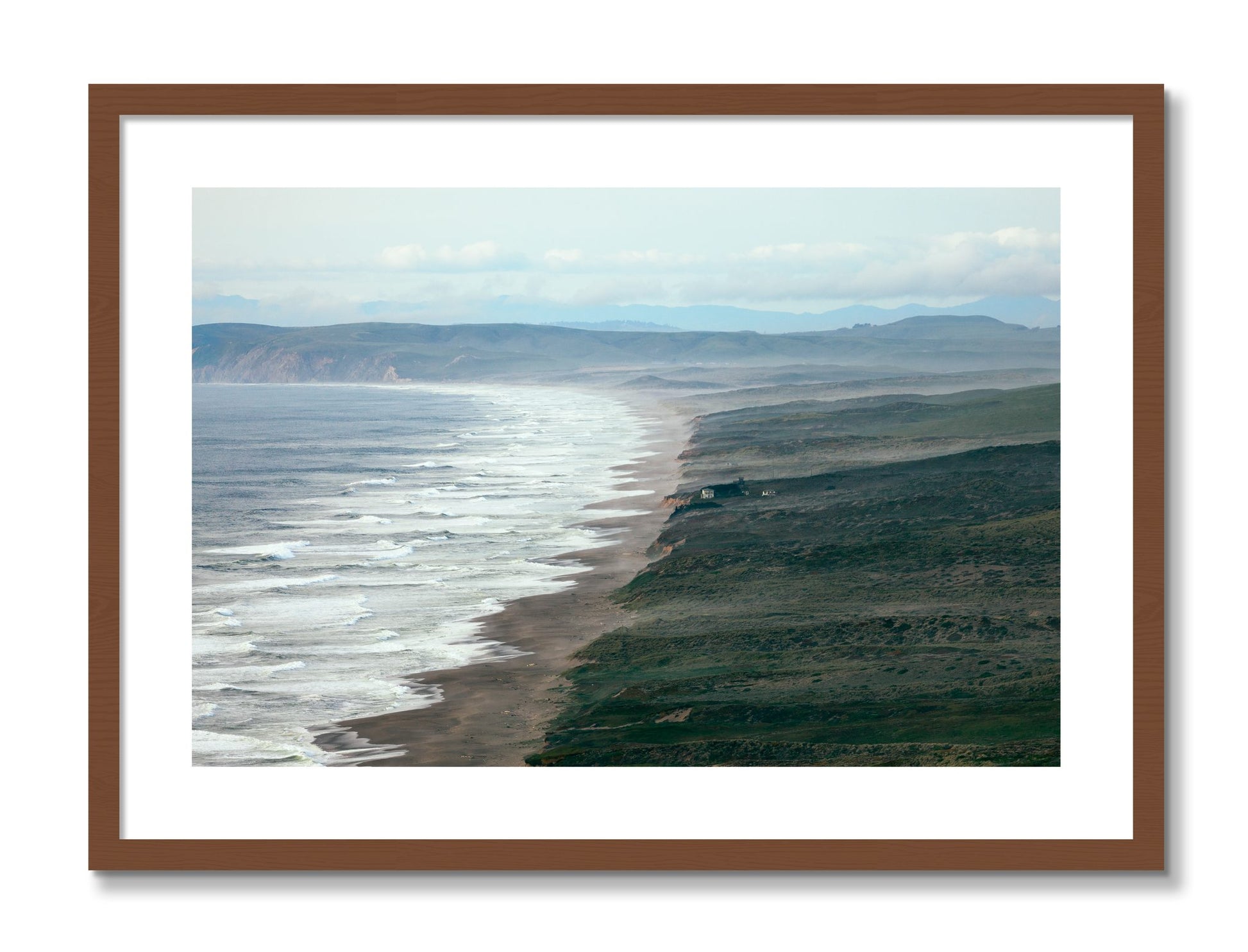 Framed photograph of Point Reyes Ranch by Dylan Ozanich, Walnut frame, Borders