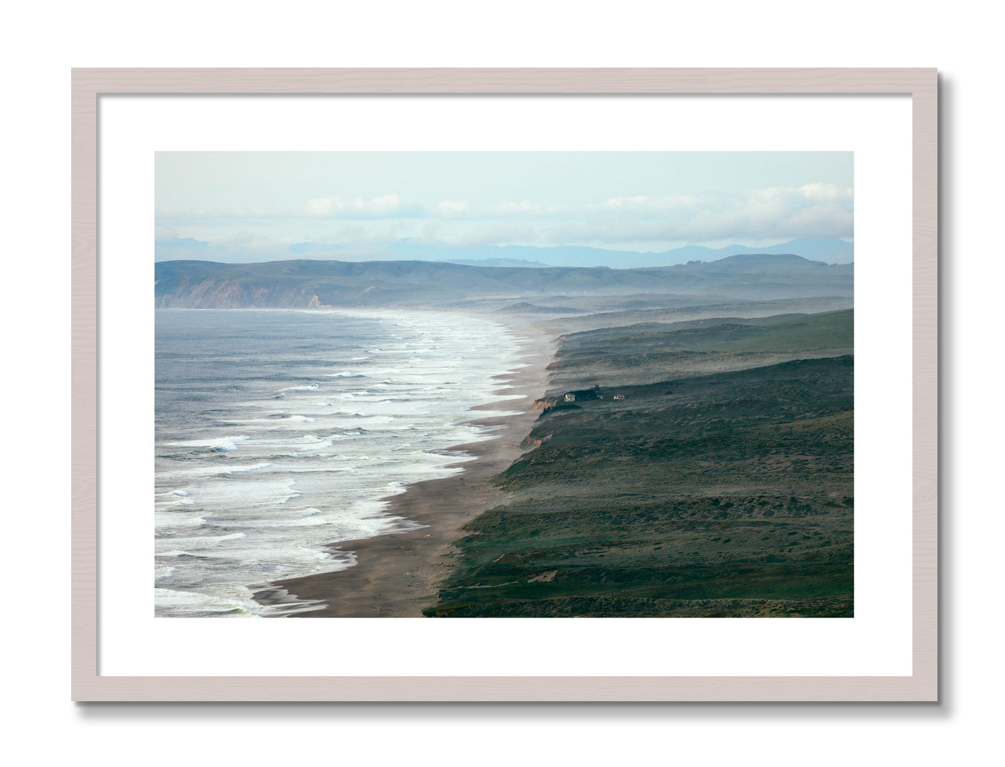 Framed photograph of Point Reyes Ranch by Dylan Ozanich, White Maple frame, Borders