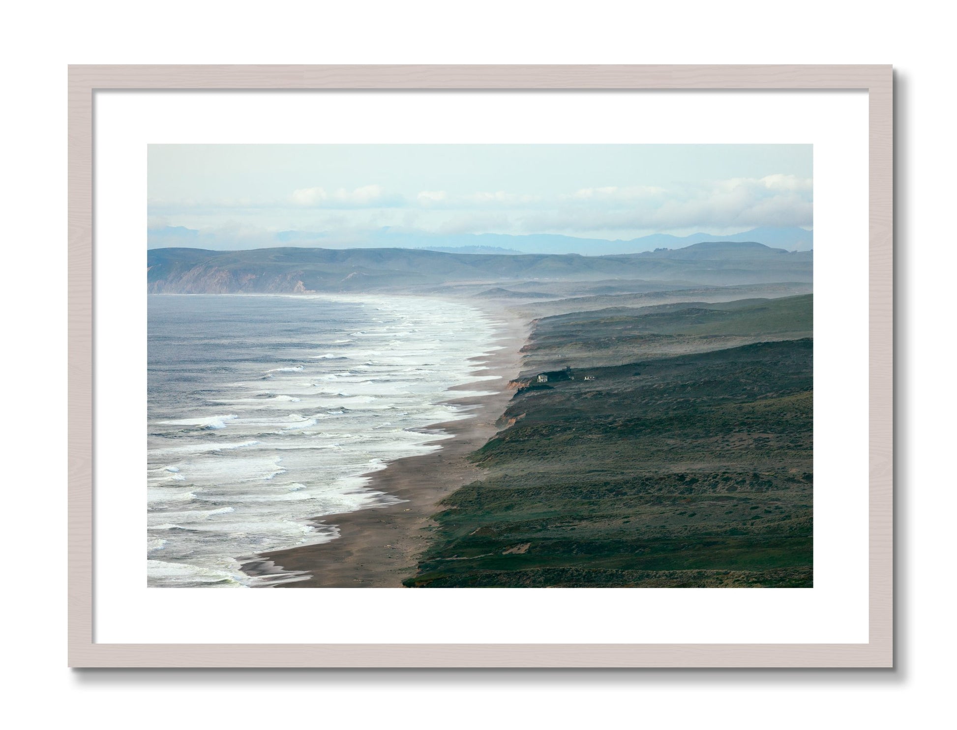 Framed photograph of Point Reyes Ranch by Dylan Ozanich, White Maple frame, Borders