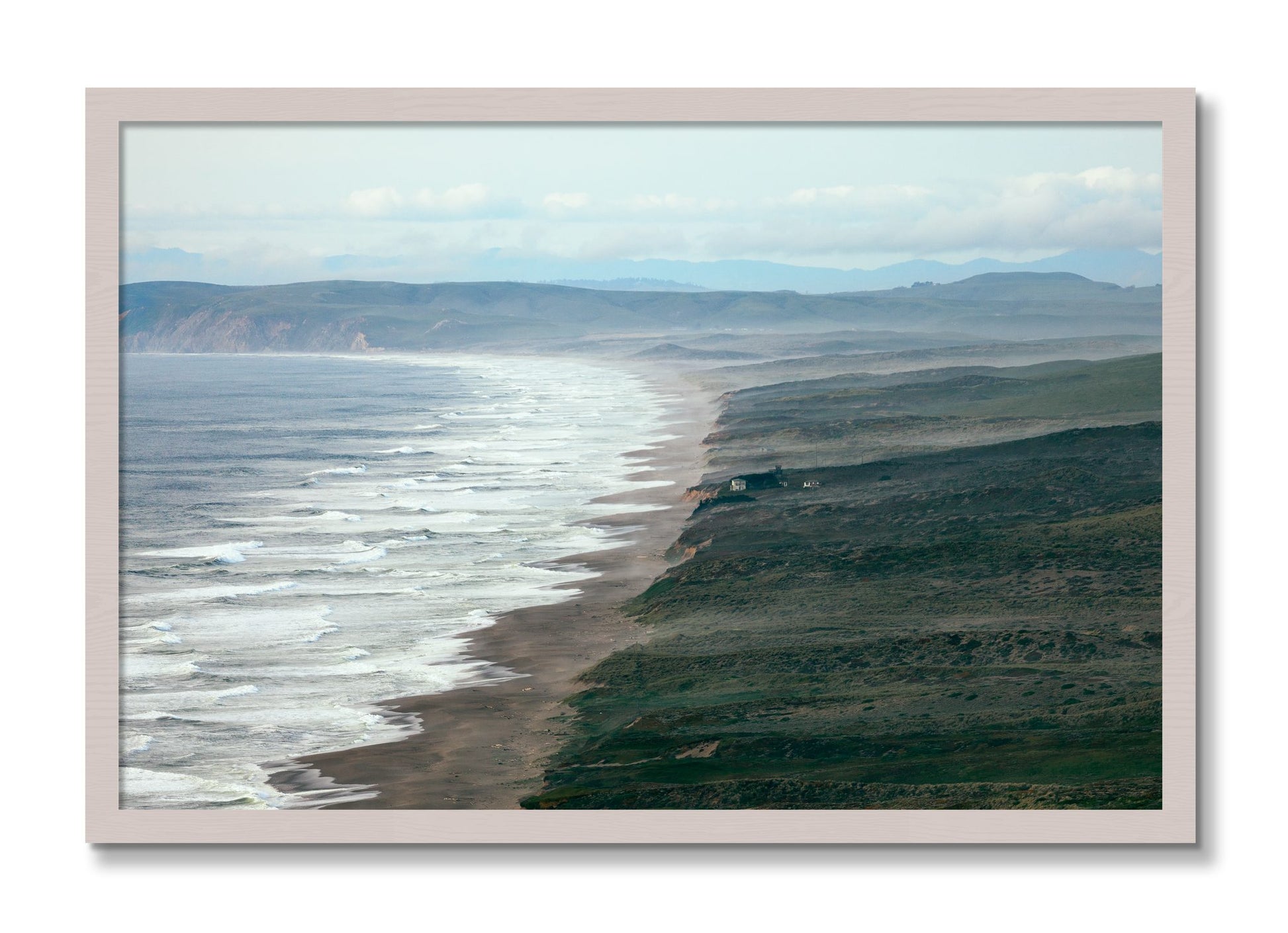 Framed photograph of Point Reyes Ranch by Dylan Ozanich, White Maple frame, Full Bleed