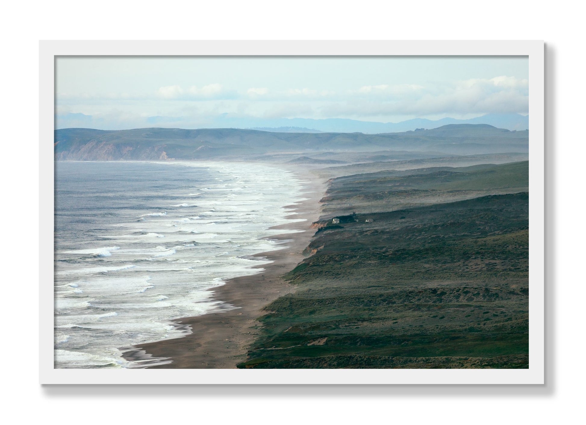 Framed photograph of Point Reyes Ranch by Dylan Ozanich, White frame, Full Bleed
